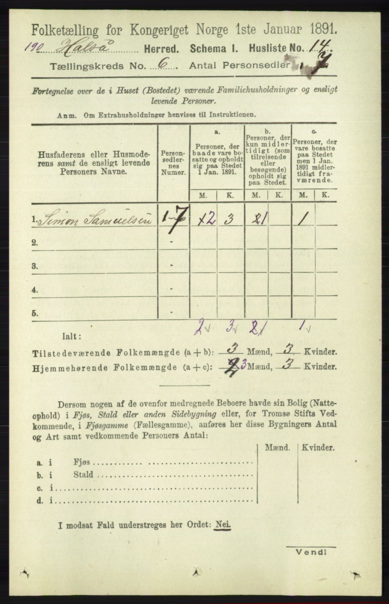 RA, Folketelling 1891 for 1019 Halse og Harkmark herred, 1891, s. 2324