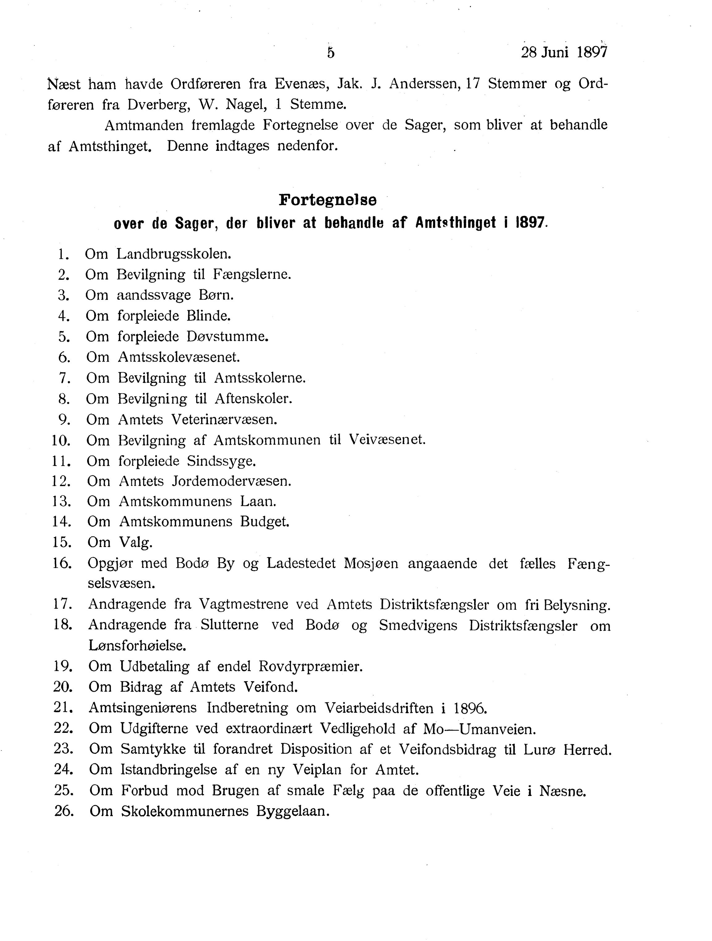 Nordland Fylkeskommune. Fylkestinget, AIN/NFK-17/176/A/Ac/L0020: Fylkestingsforhandlinger 1897, 1897, s. 5