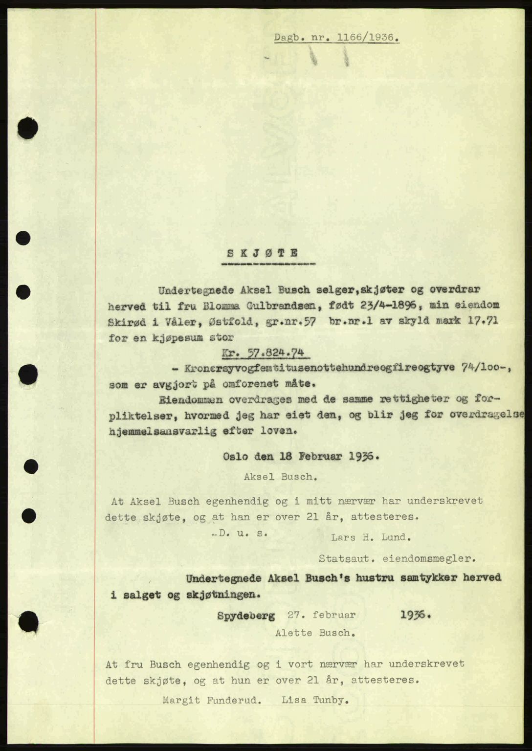 Moss sorenskriveri, SAO/A-10168: Pantebok nr. A1, 1936-1936, Dagboknr: 1166/1936