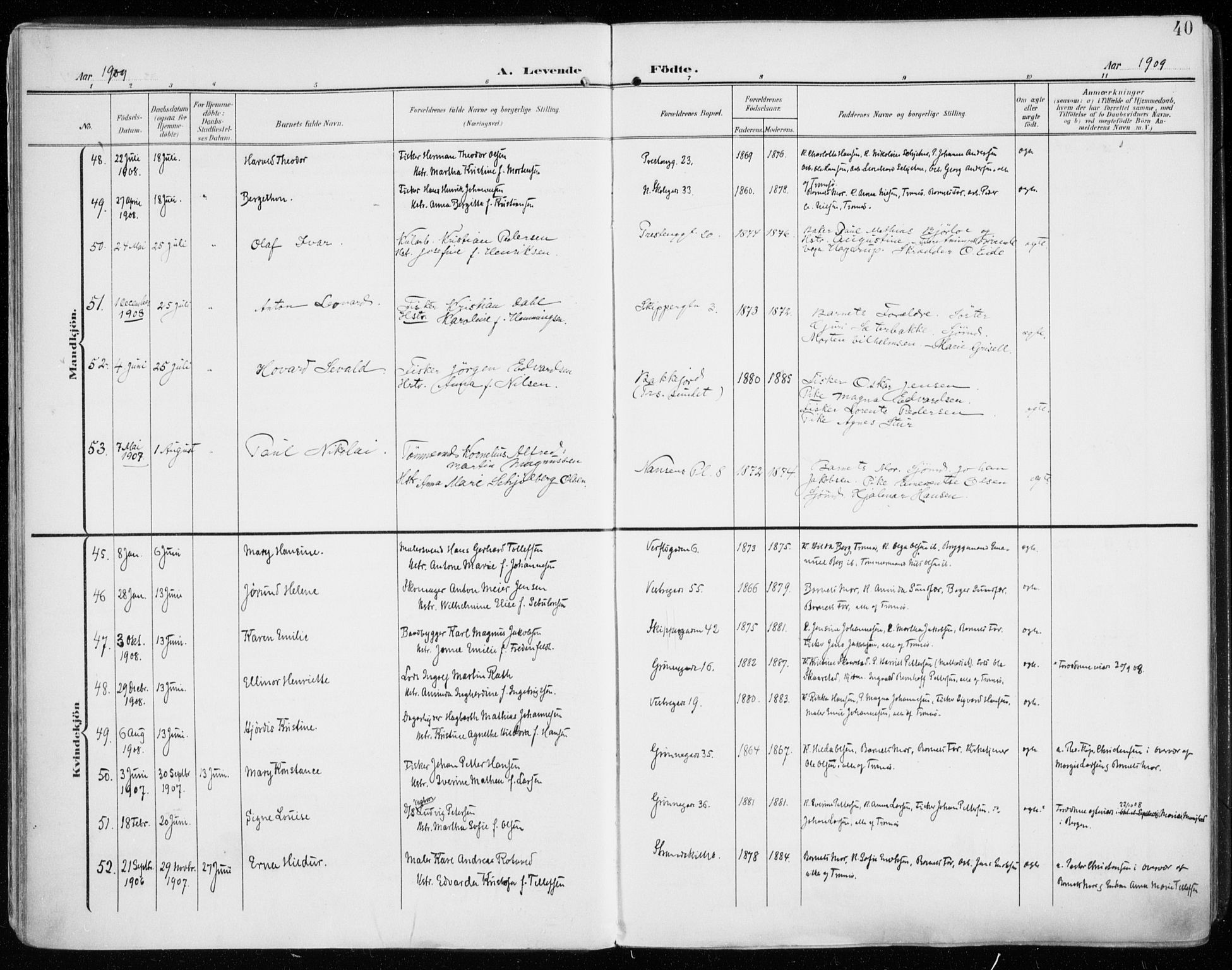 Tromsø sokneprestkontor/stiftsprosti/domprosti, AV/SATØ-S-1343/G/Ga/L0017kirke: Ministerialbok nr. 17, 1907-1917, s. 40