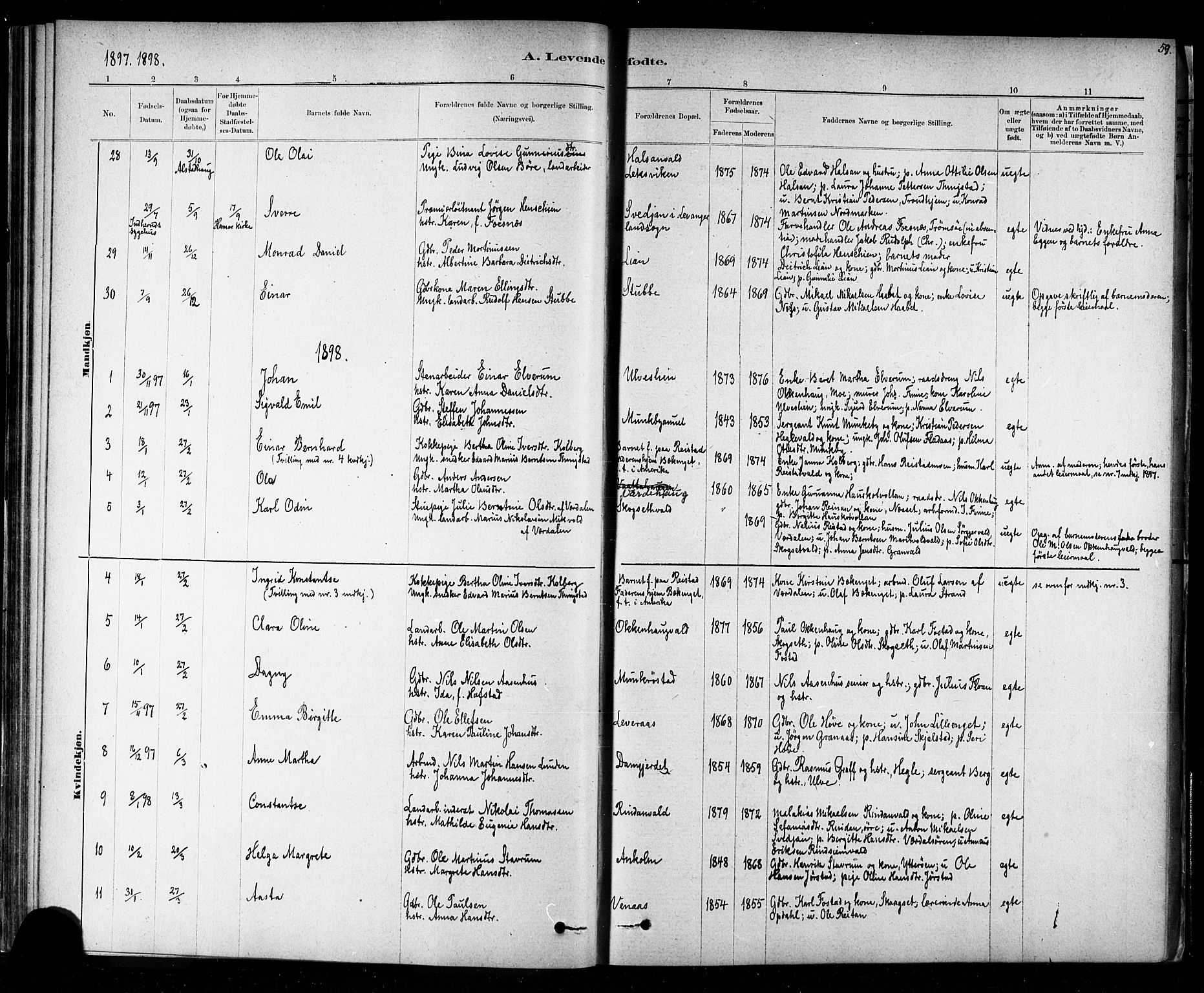 Ministerialprotokoller, klokkerbøker og fødselsregistre - Nord-Trøndelag, SAT/A-1458/721/L0208: Klokkerbok nr. 721C01, 1880-1917, s. 59