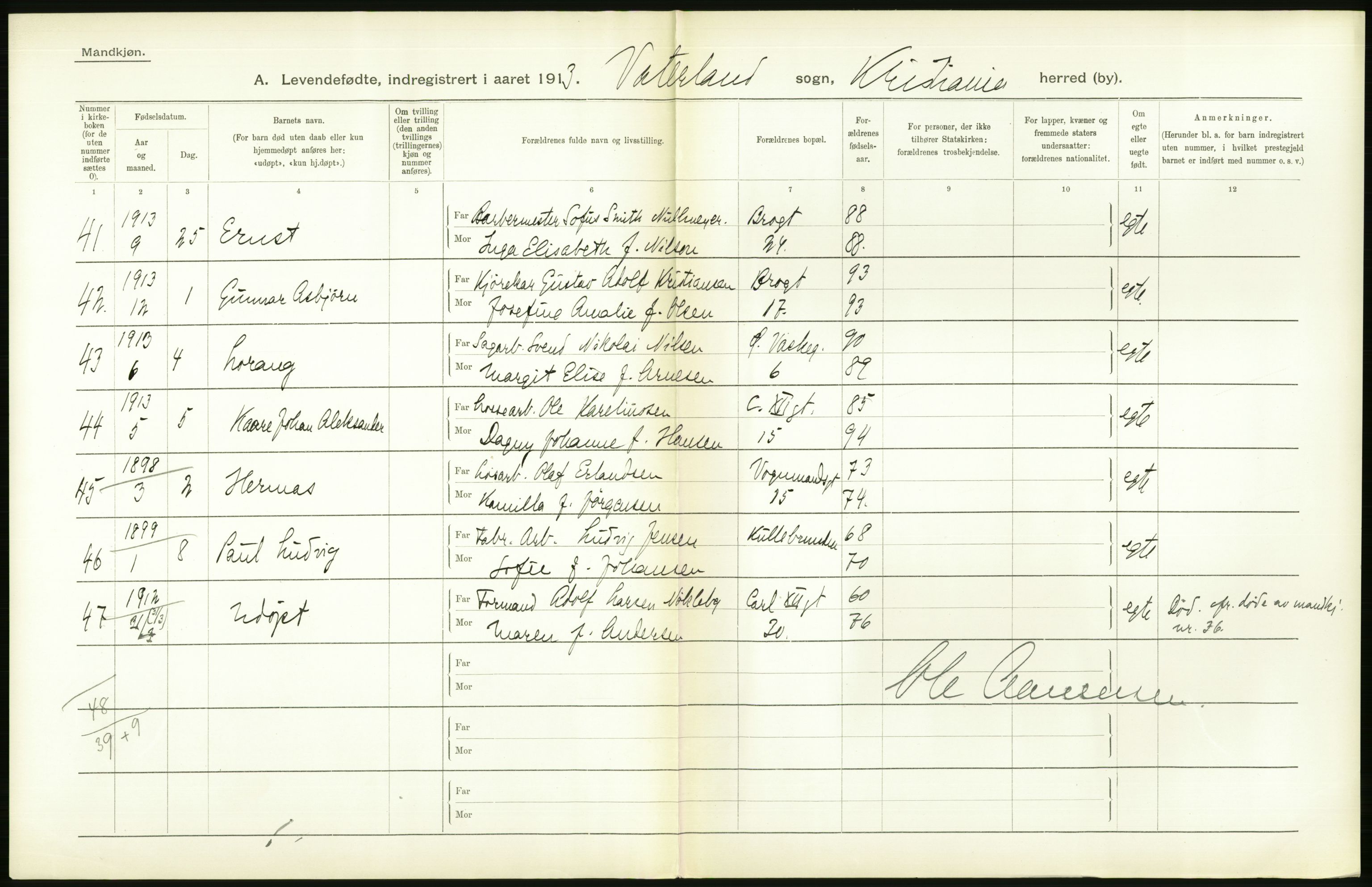 Statistisk sentralbyrå, Sosiodemografiske emner, Befolkning, RA/S-2228/D/Df/Dfb/Dfbc/L0007: Kristiania: Levendefødte menn og kvinner., 1913, s. 520