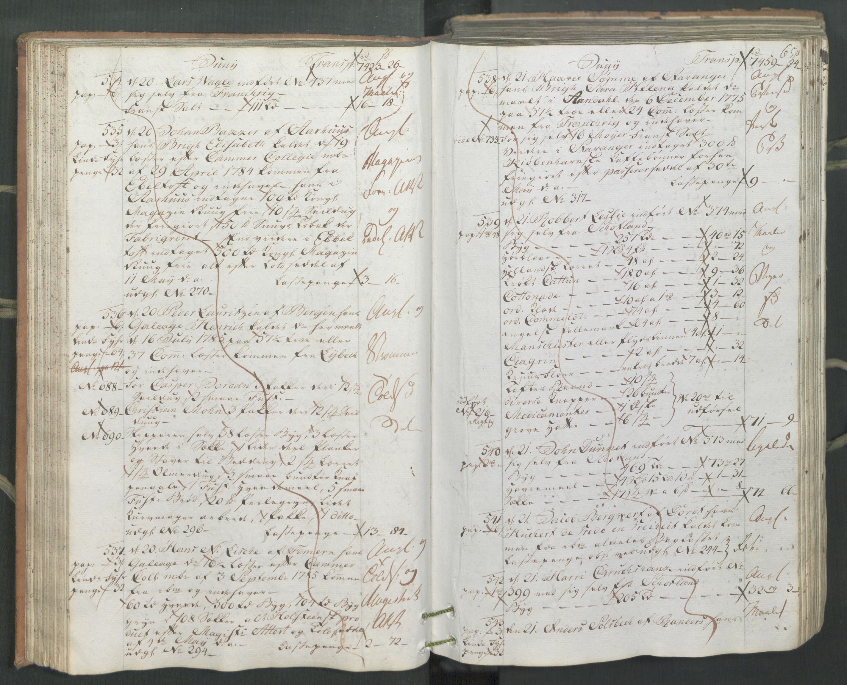 Generaltollkammeret, tollregnskaper, AV/RA-EA-5490/R26/L0222/0001: Tollregnskaper Bergen A / Inngående hovedtollbok, 1786, s. 64b-65a