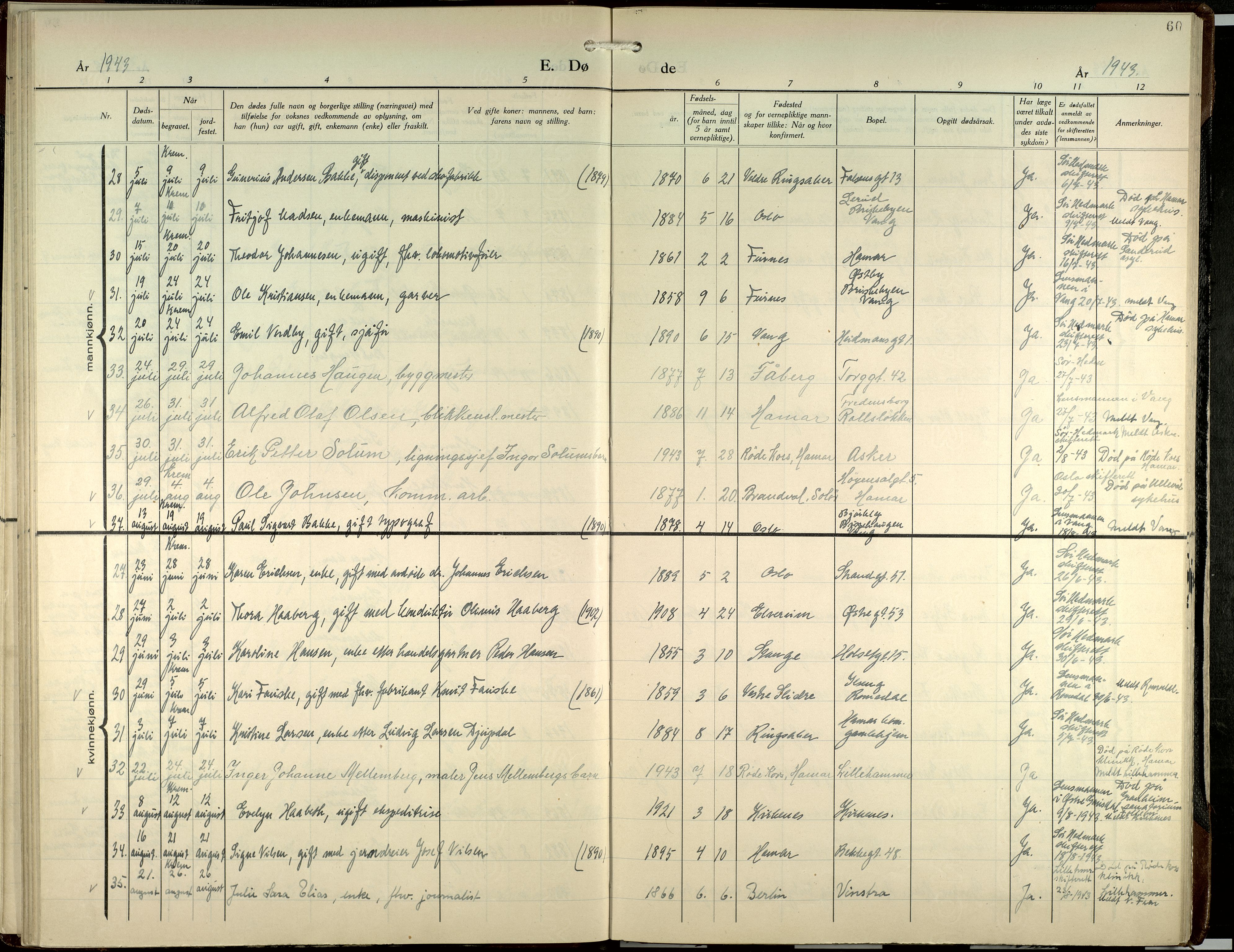 Hamar prestekontor, AV/SAH-DOMPH-002/H/Ha/Haa/L0007: Ministerialbok nr. 7, 1933-1953, s. 60