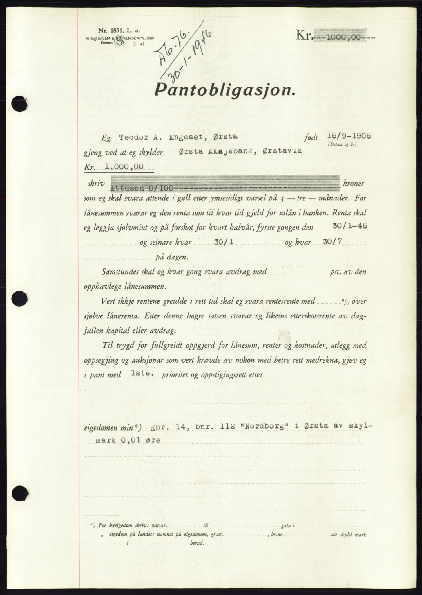 Søre Sunnmøre sorenskriveri, AV/SAT-A-4122/1/2/2C/L0114: Pantebok nr. 1-2B, 1943-1947, Dagboknr: 76/1946