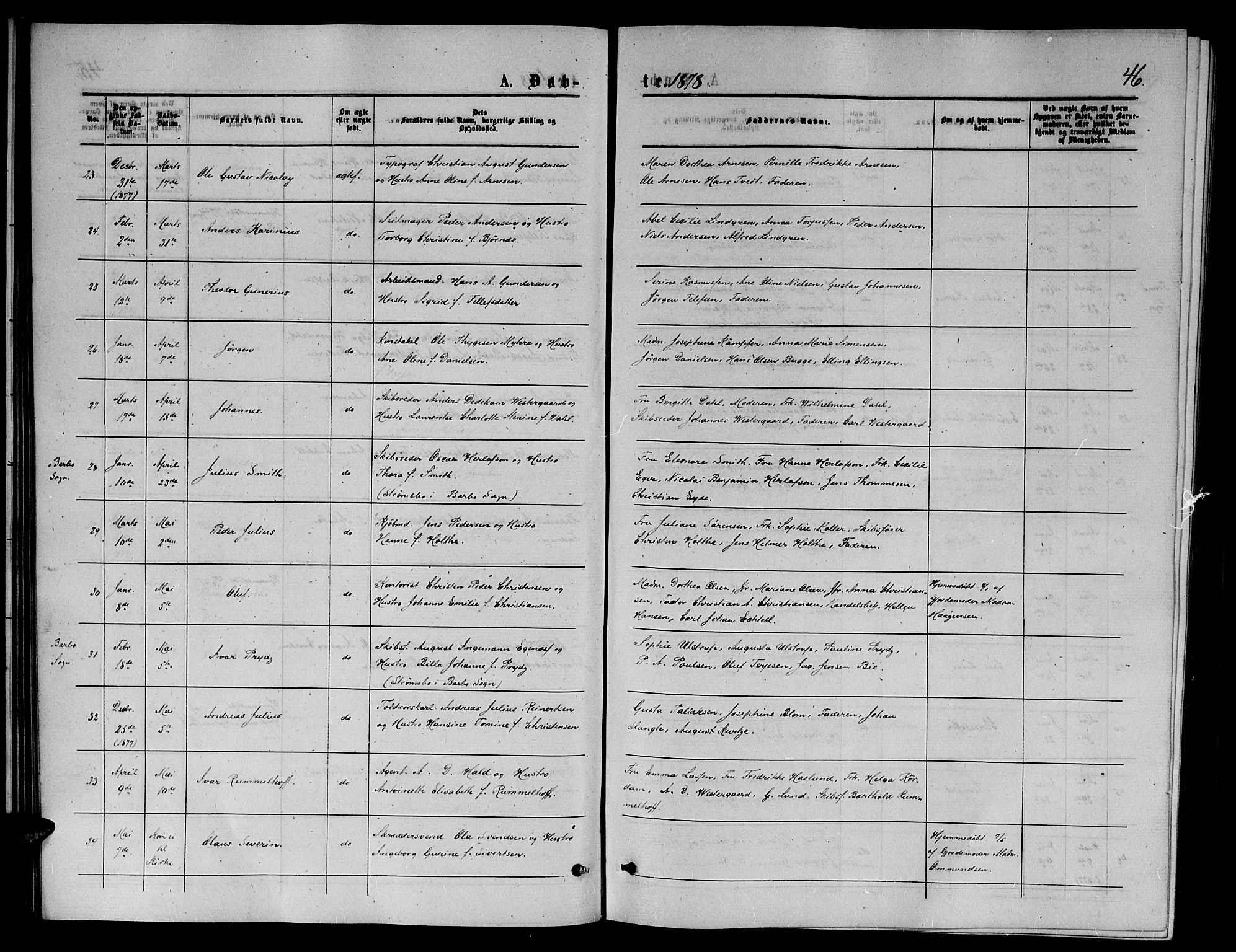 Arendal sokneprestkontor, Trefoldighet, AV/SAK-1111-0040/F/Fb/L0005: Klokkerbok nr. B 5, 1874-1888, s. 46