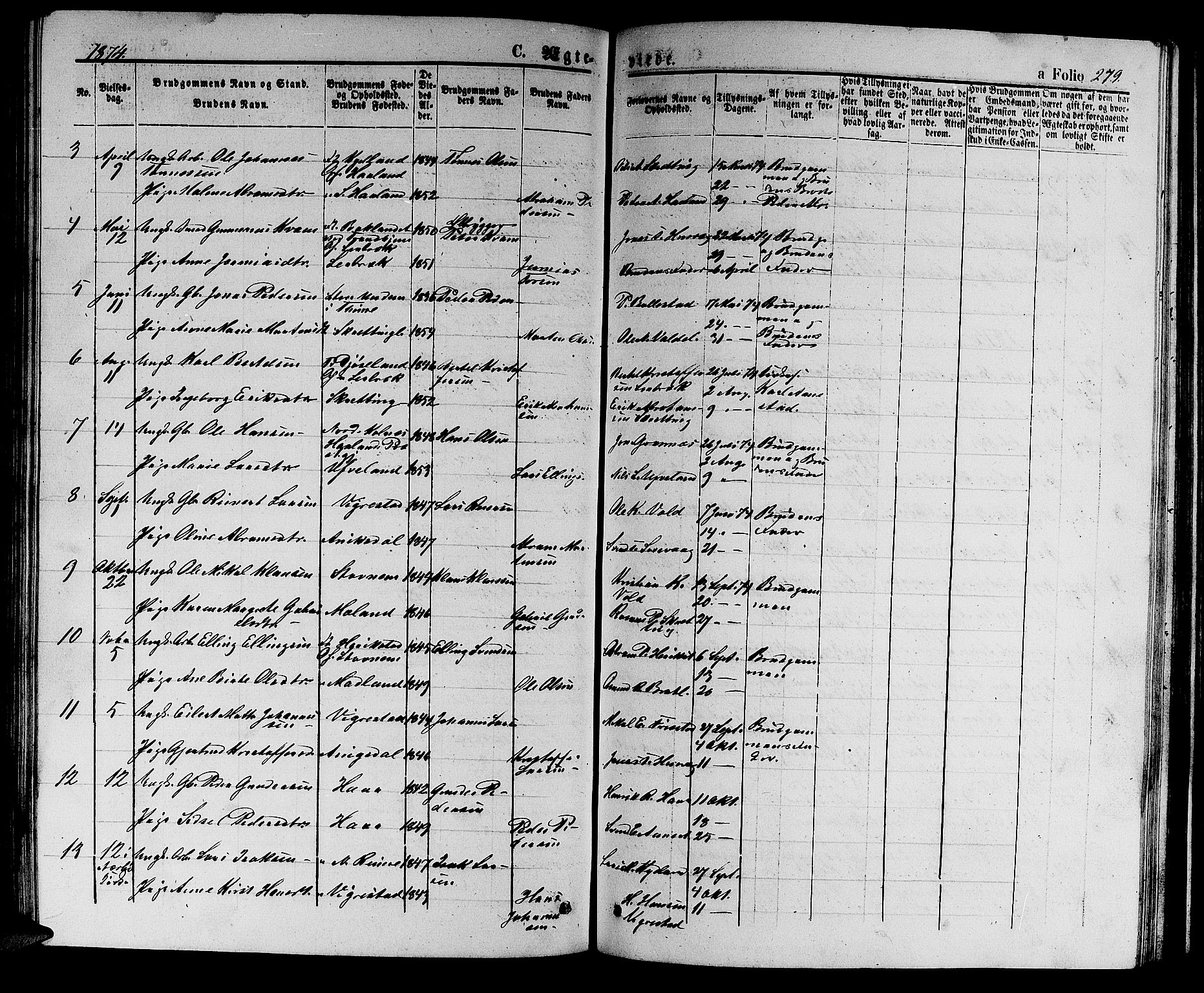 Hå sokneprestkontor, AV/SAST-A-101801/001/30BB/L0002: Klokkerbok nr. B 2, 1854-1883, s. 279