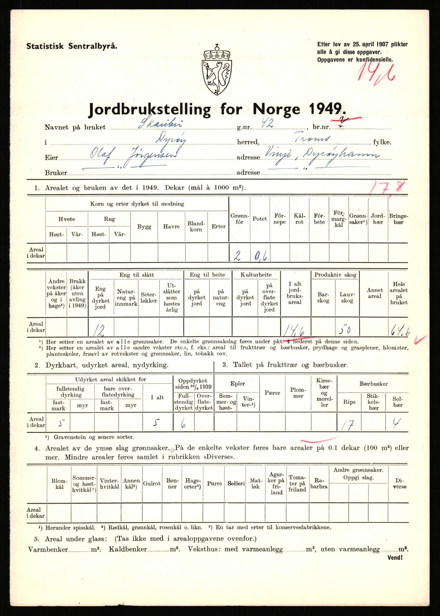 Statistisk sentralbyrå, Næringsøkonomiske emner, Jordbruk, skogbruk, jakt, fiske og fangst, AV/RA-S-2234/G/Gc/L0440: Troms: Sørreisa og Dyrøy, 1949, s. 1013