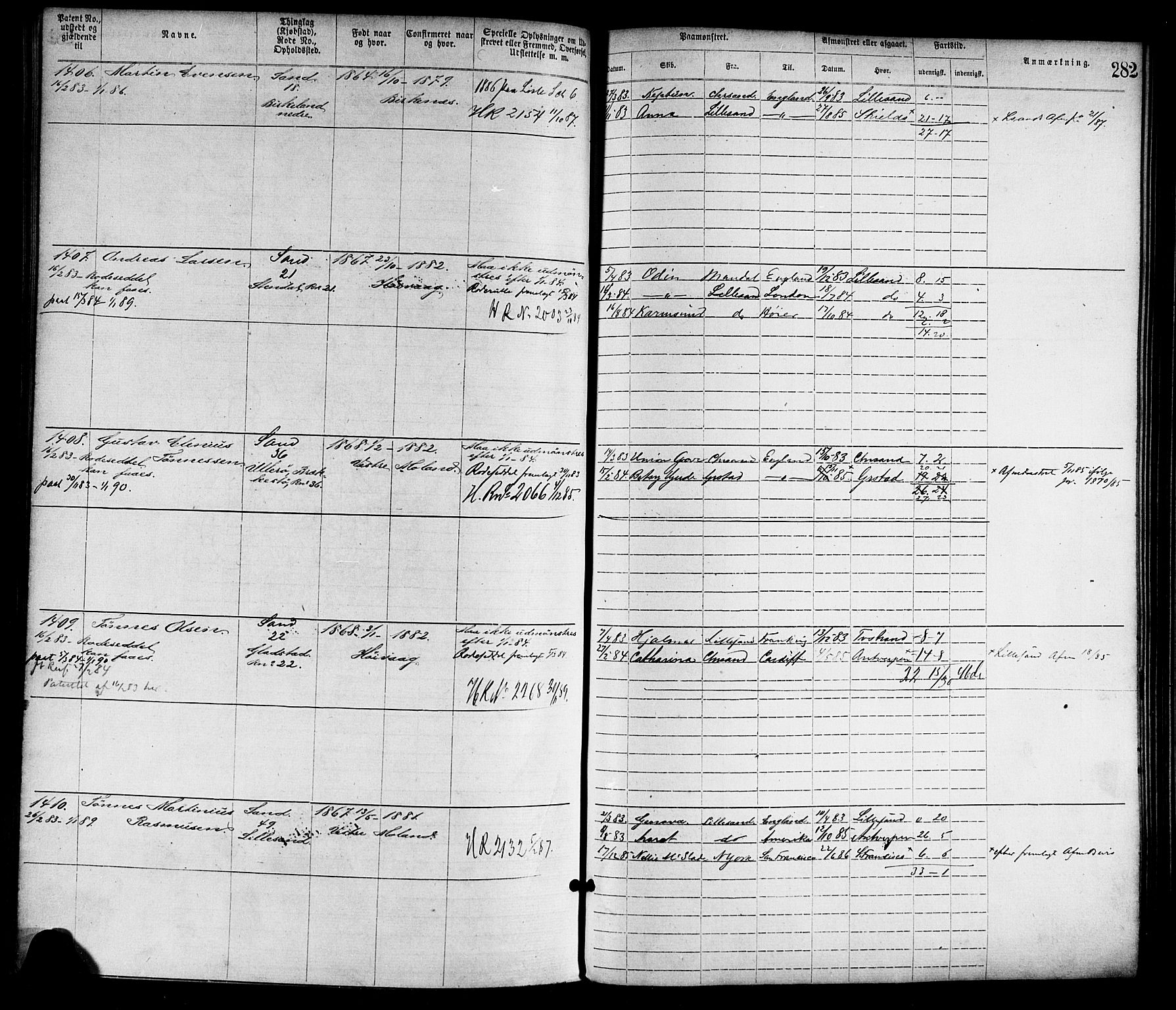 Lillesand mønstringskrets, SAK/2031-0014/F/Fa/L0004: Annotasjonsrulle nr 1-1920 med register, G-1, 1869-1891, s. 308