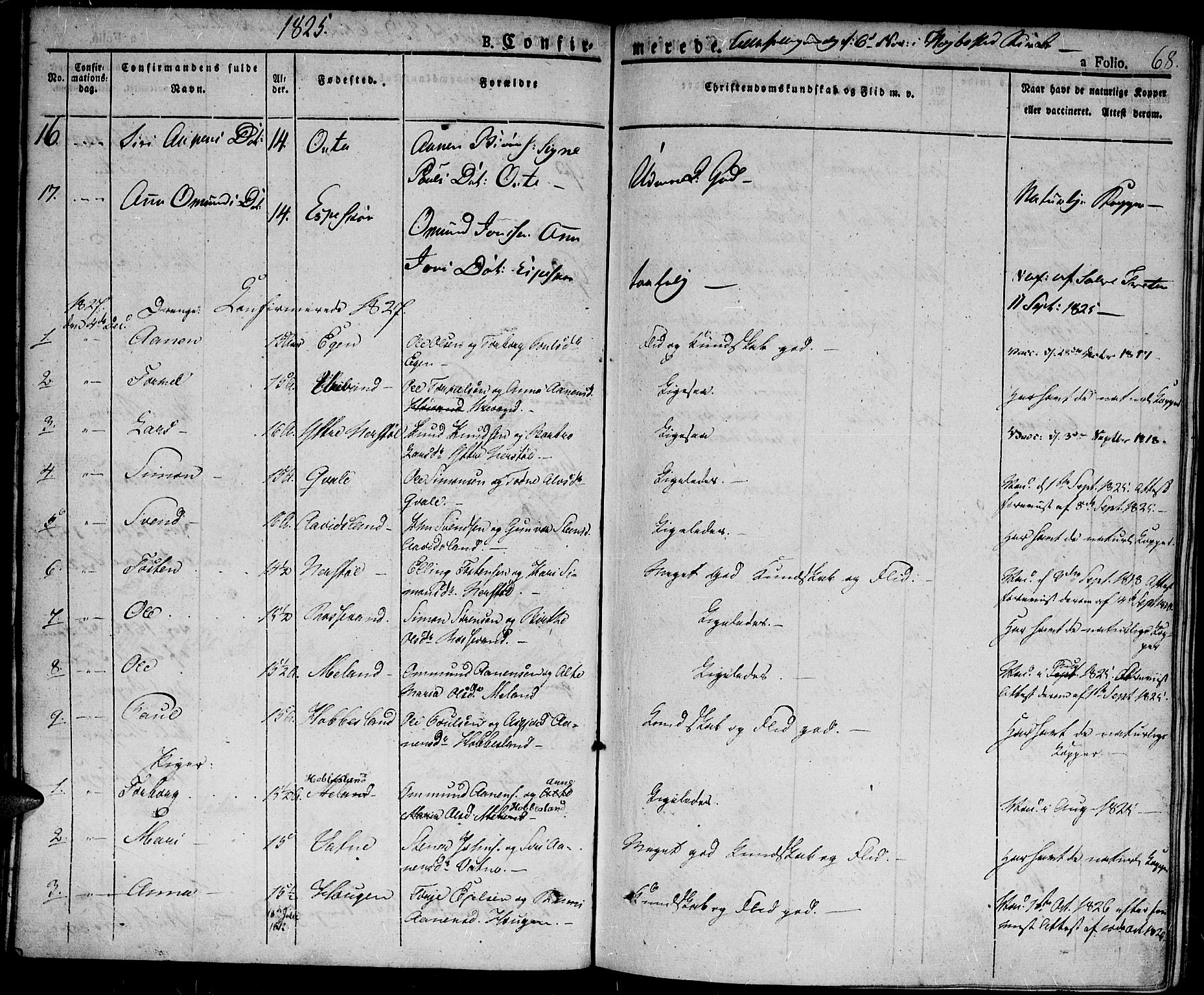 Hægebostad sokneprestkontor, SAK/1111-0024/F/Fa/Fab/L0001: Ministerialbok nr. A 1, 1823-1867, s. 68