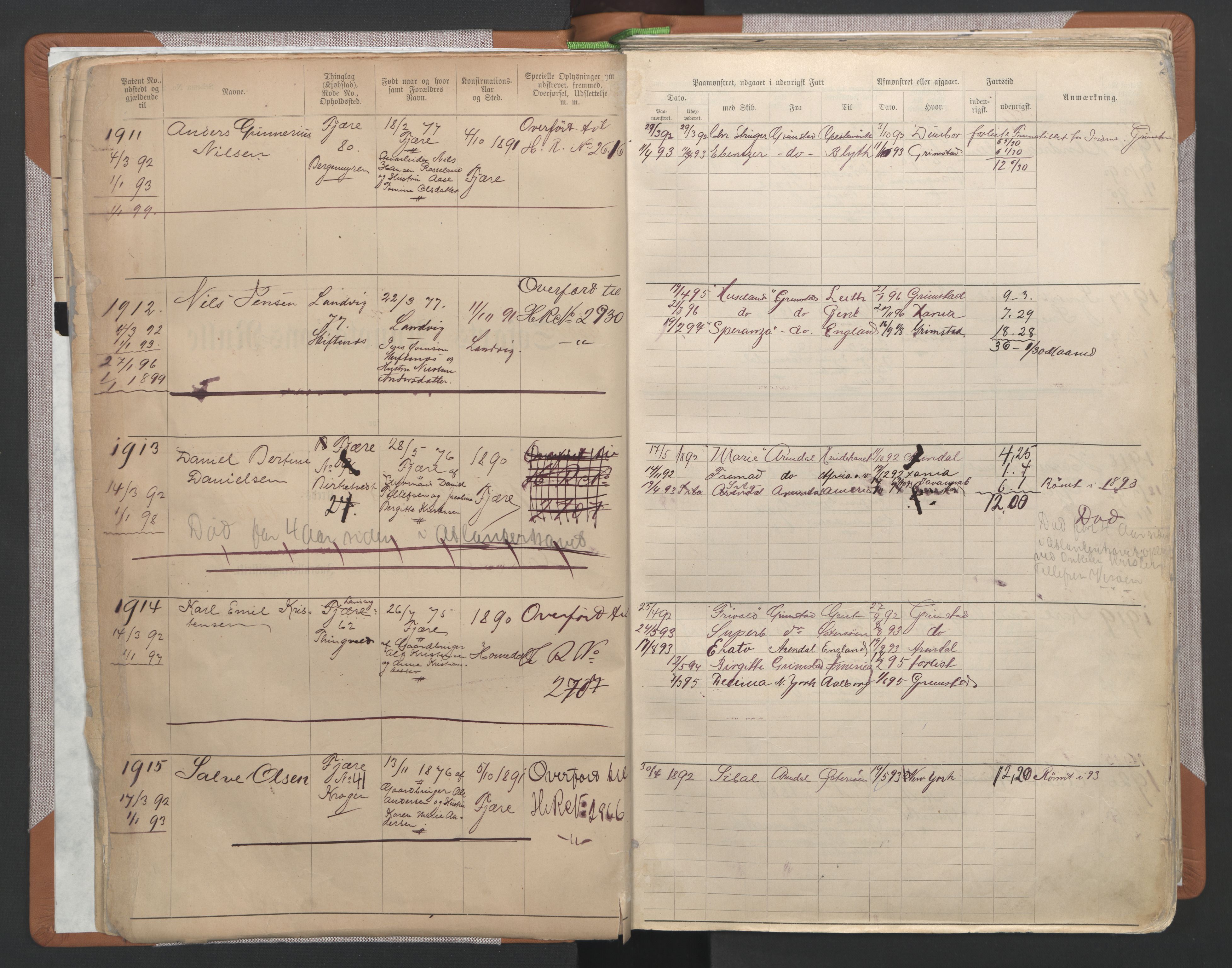 Grimstad mønstringskrets, SAK/2031-0013/F/Fa/L0006: Annotasjonsrulle nr 1911-3453 med register, V-19, 1892-1939, s. 24