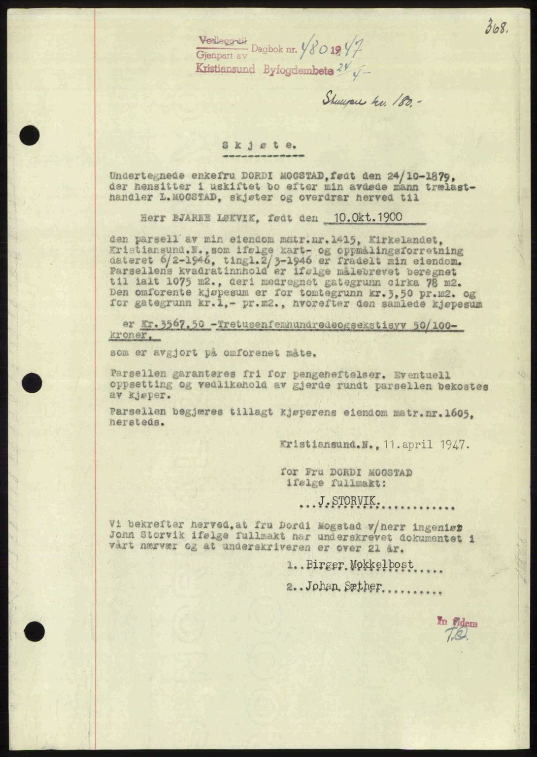 Kristiansund byfogd, AV/SAT-A-4587/A/27: Pantebok nr. 39b, 1946-1947, Dagboknr: 480/1947