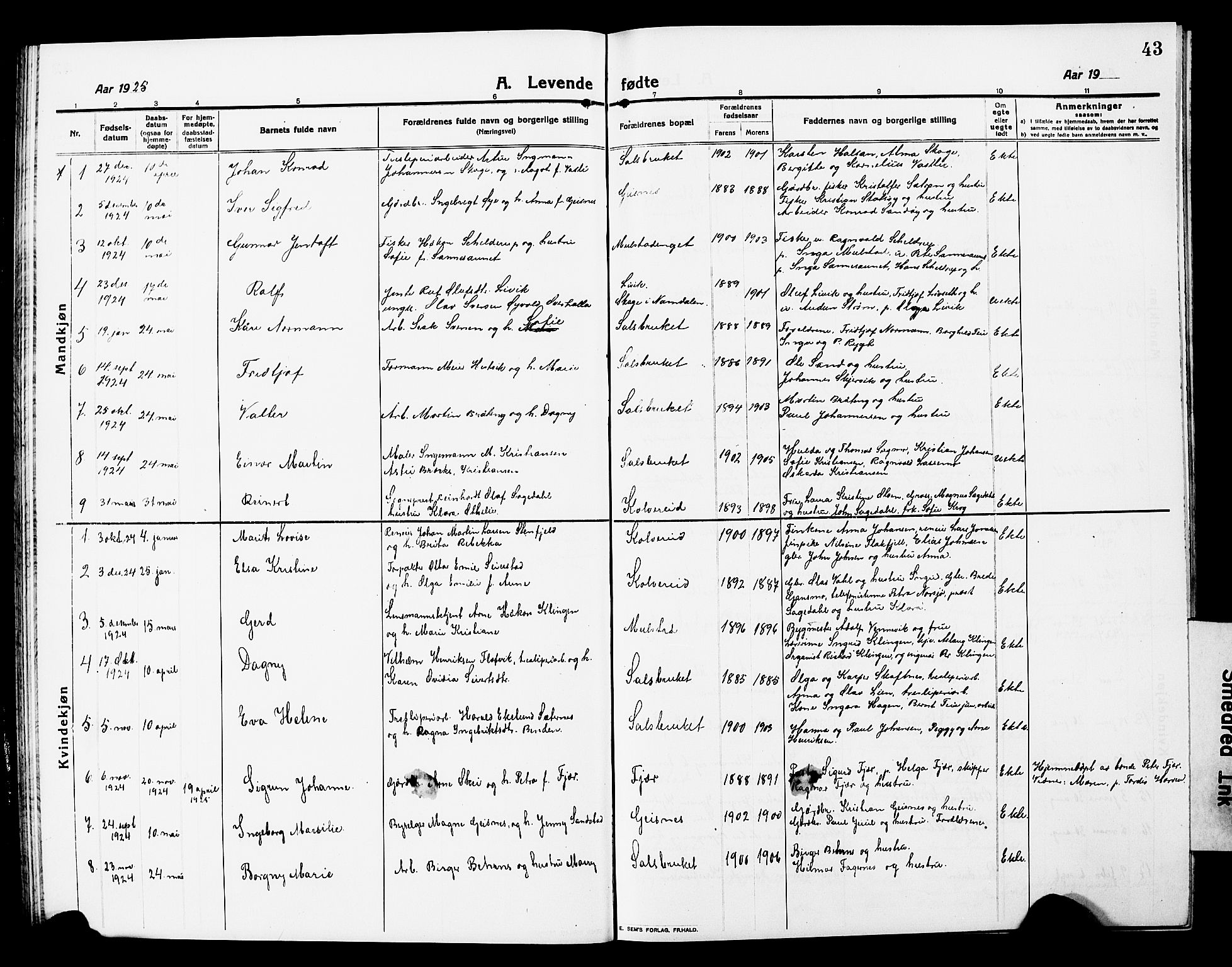 Ministerialprotokoller, klokkerbøker og fødselsregistre - Nord-Trøndelag, SAT/A-1458/780/L0653: Klokkerbok nr. 780C05, 1911-1927, s. 43