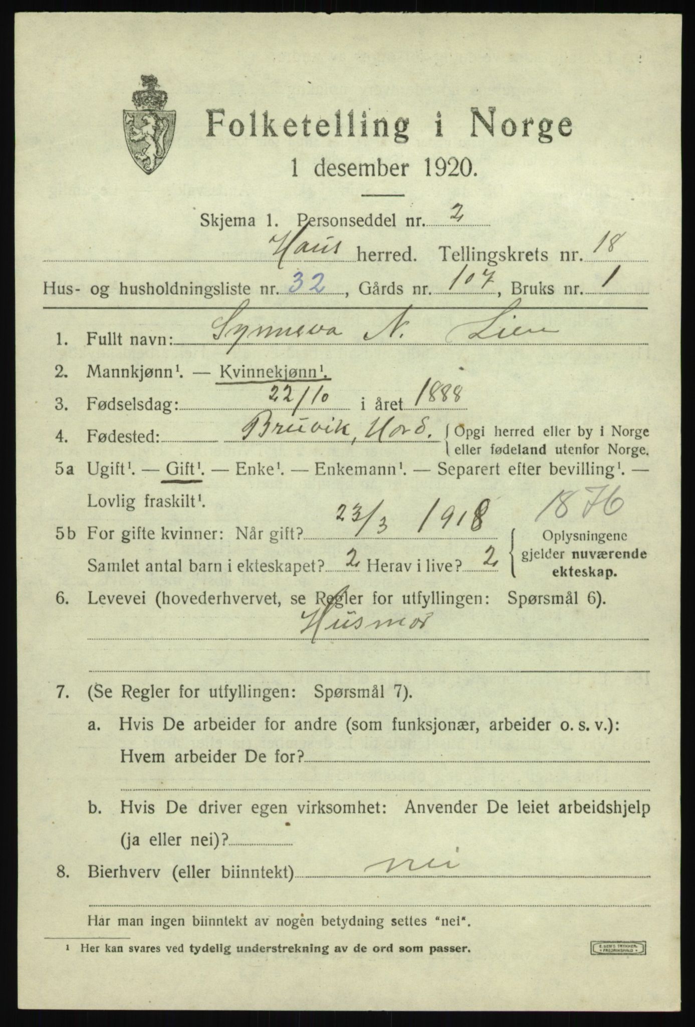 SAB, Folketelling 1920 for 1250 Haus herred, 1920, s. 12250