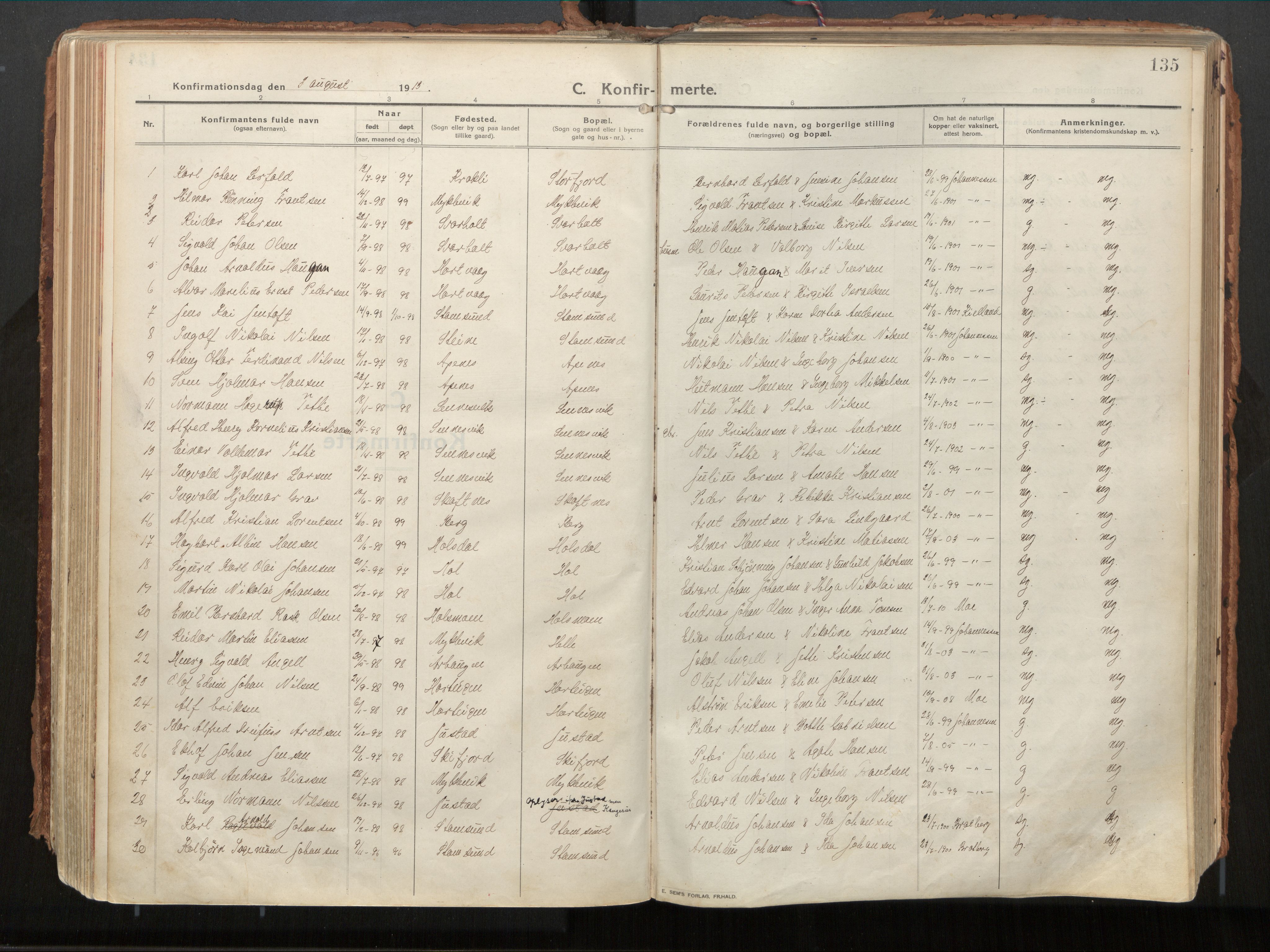 Ministerialprotokoller, klokkerbøker og fødselsregistre - Nordland, AV/SAT-A-1459/882/L1181: Ministerialbok nr. 882A03, 1913-1937, s. 135