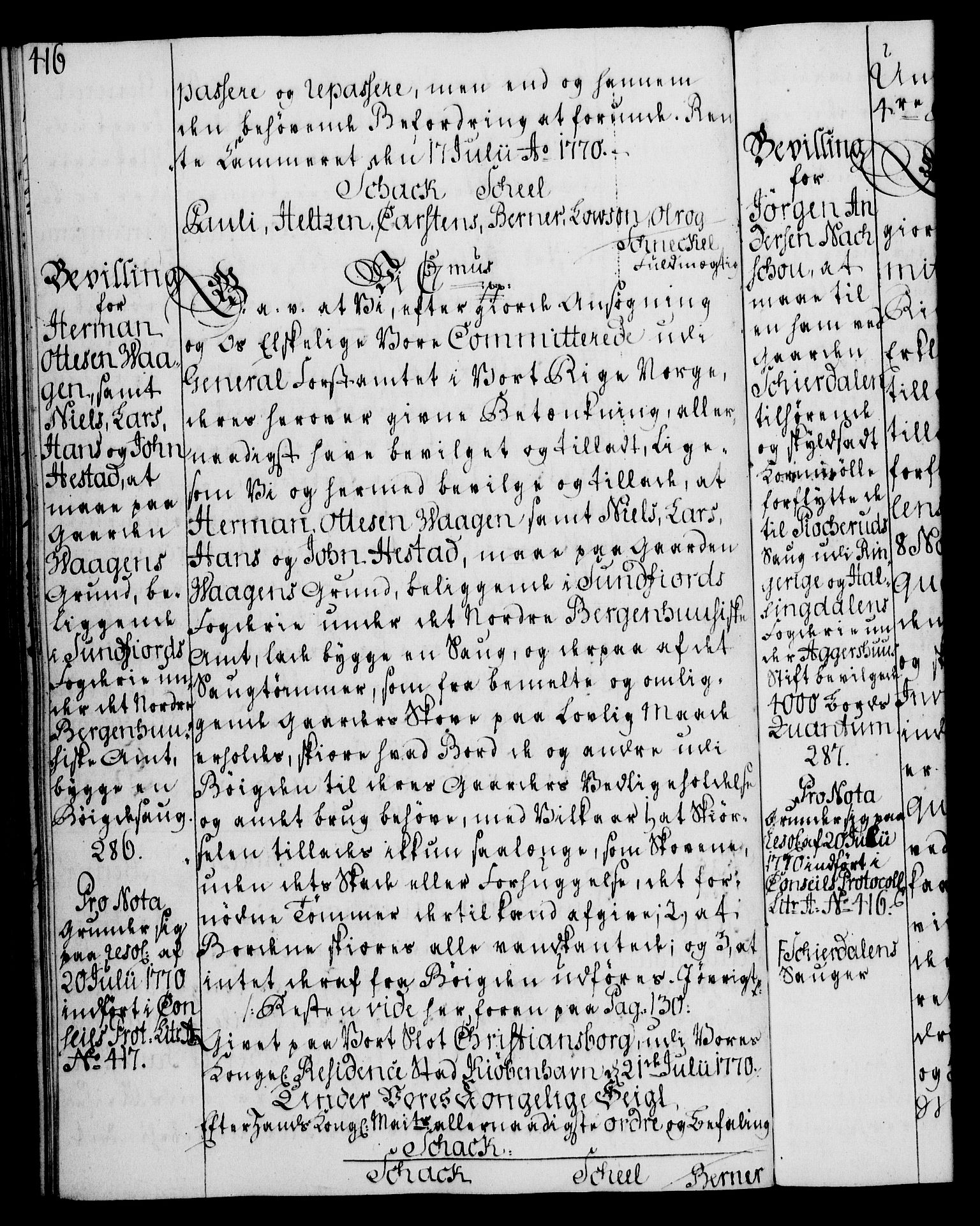 Rentekammeret, Kammerkanselliet, RA/EA-3111/G/Gg/Gga/L0008: Norsk ekspedisjonsprotokoll med register (merket RK 53.8), 1768-1771, s. 416