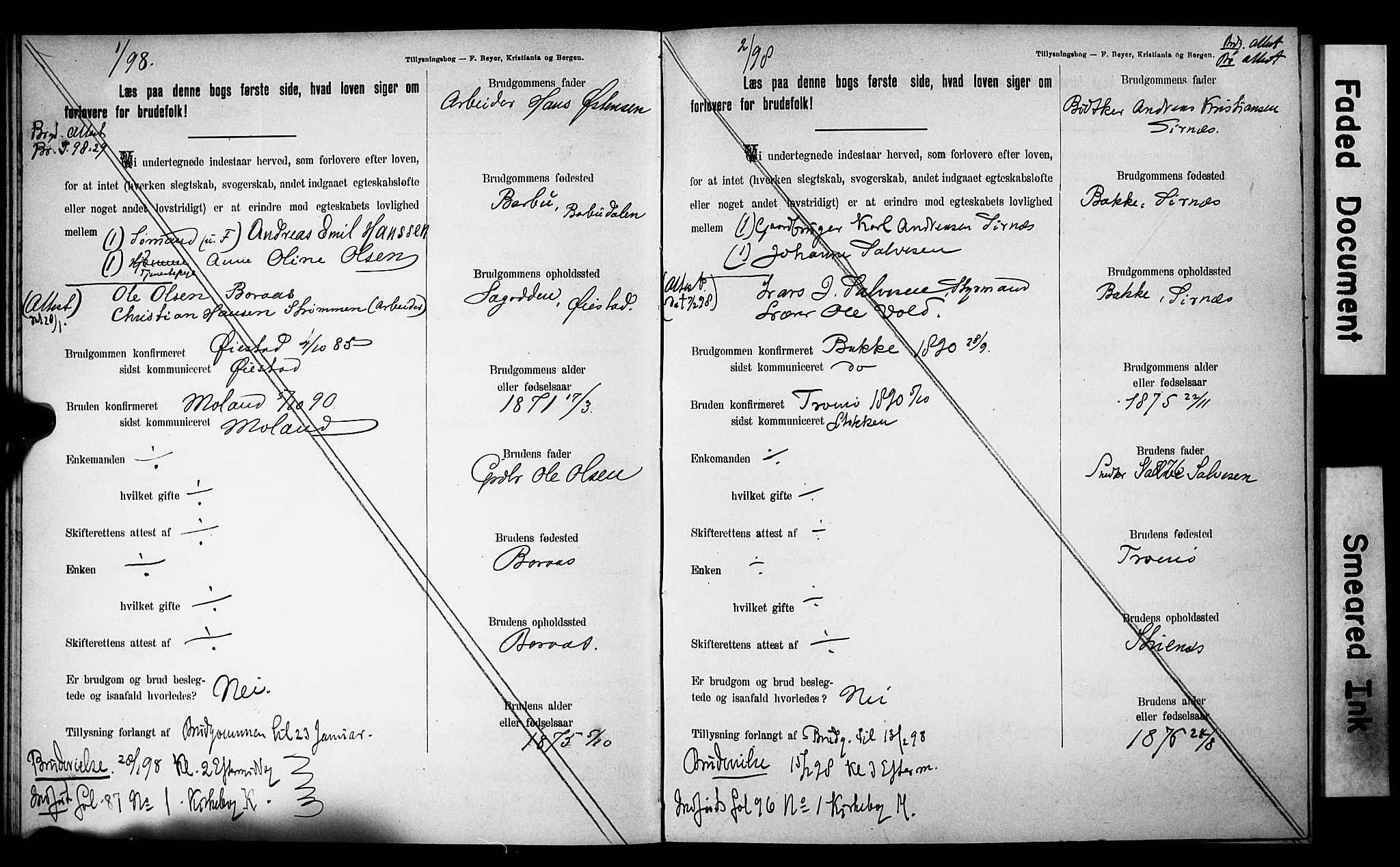 Austre Moland sokneprestkontor, SAK/1111-0001/F/Fe/L0001: Lysningsprotokoll nr. A VI 10, 1895-1902