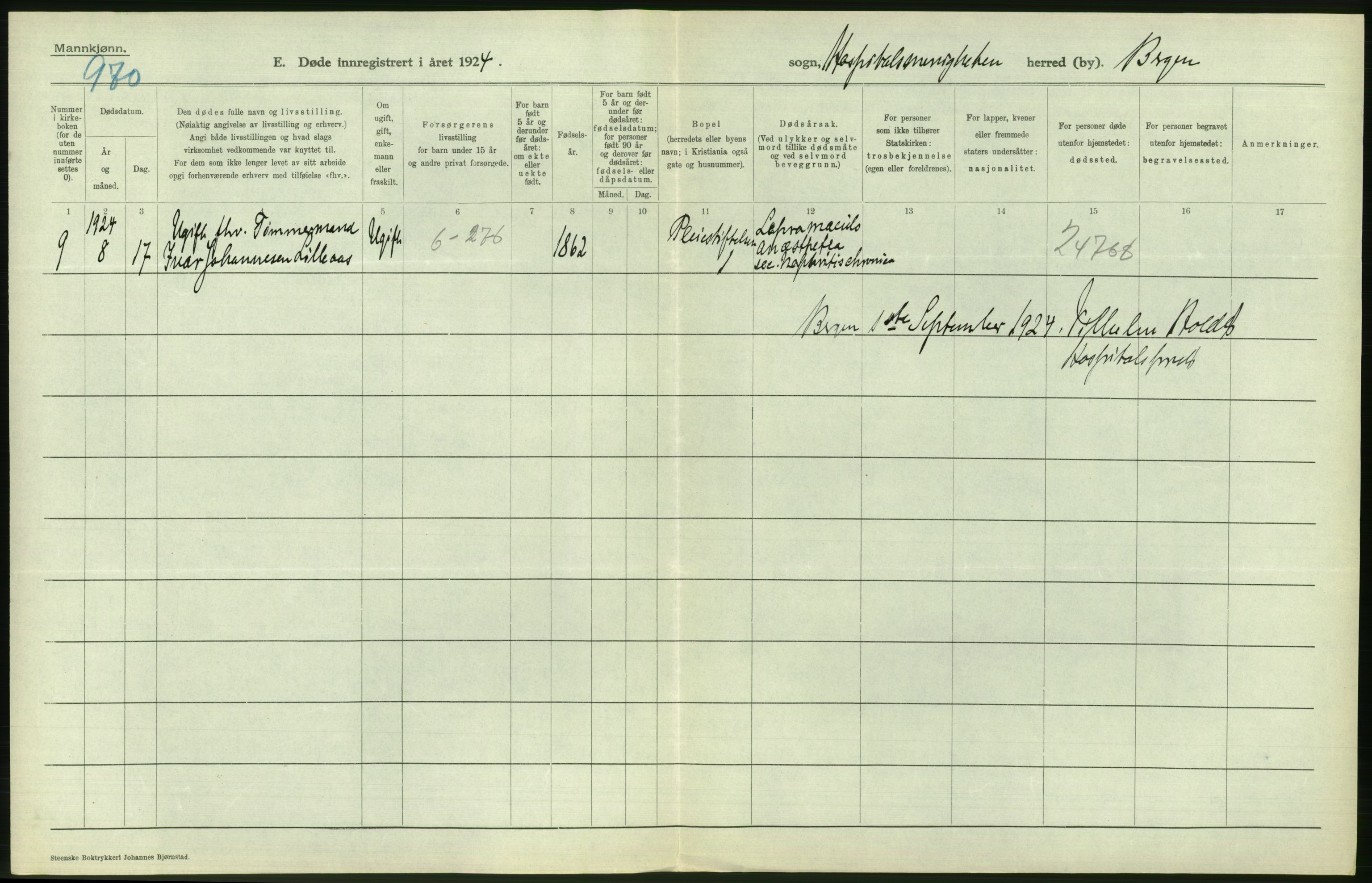 Statistisk sentralbyrå, Sosiodemografiske emner, Befolkning, AV/RA-S-2228/D/Df/Dfc/Dfcd/L0028: Bergen: Gifte, døde., 1924, s. 352