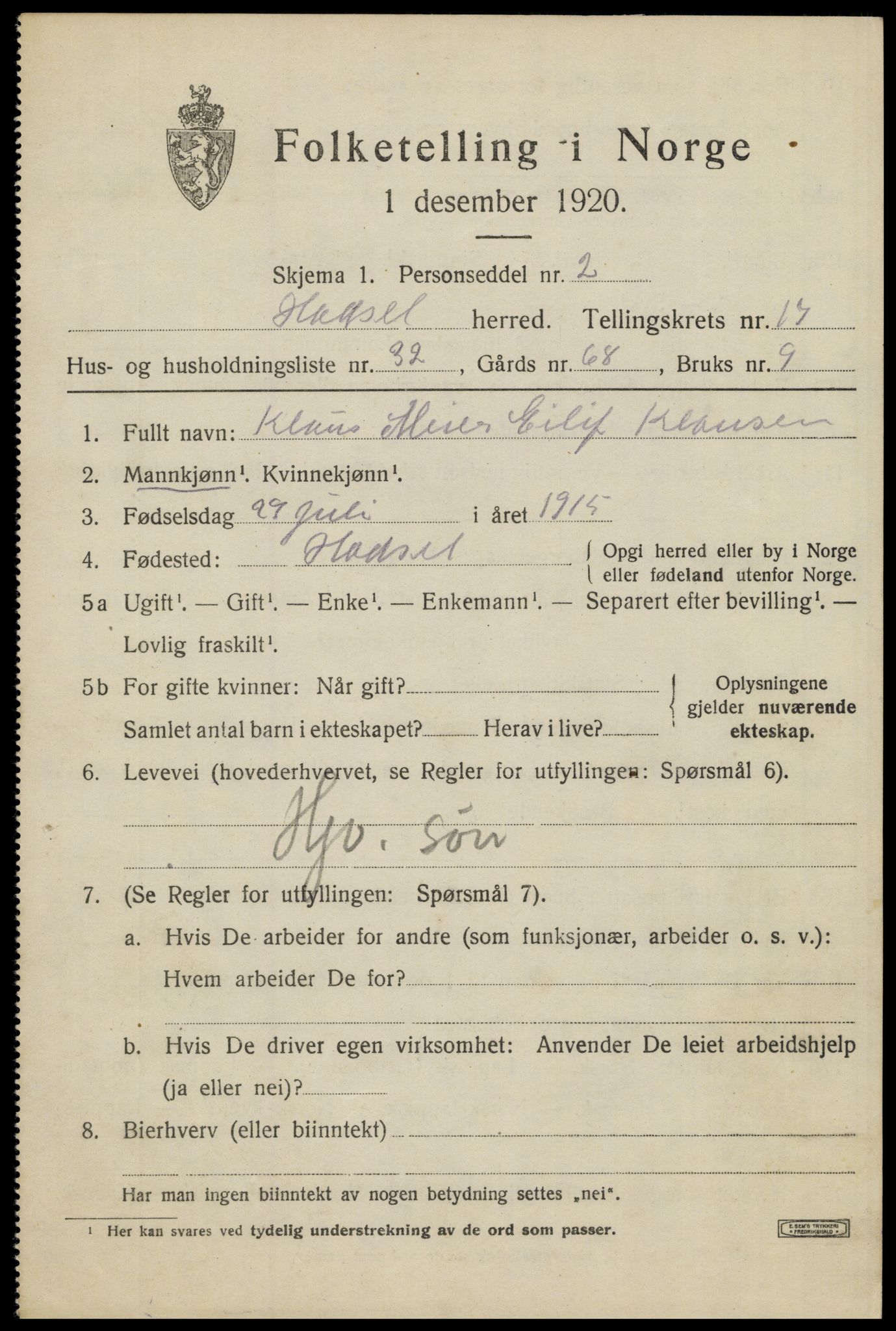 SAT, Folketelling 1920 for 1866 Hadsel herred, 1920, s. 16090