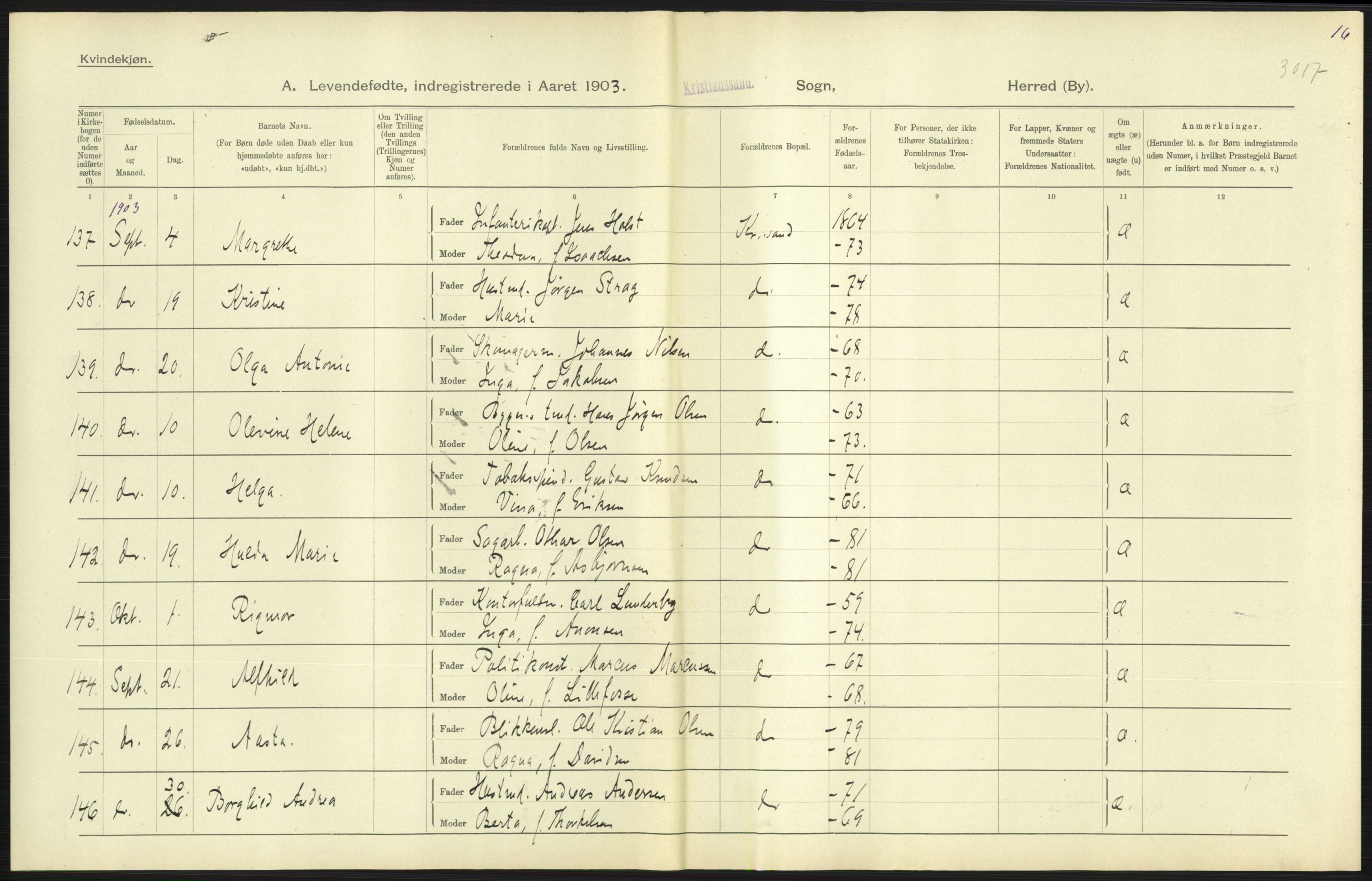 Statistisk sentralbyrå, Sosiodemografiske emner, Befolkning, AV/RA-S-2228/D/Df/Dfa/Dfaa/L0011: Lister og Mandal amt: Fødte, gifte, døde, 1903, s. 241