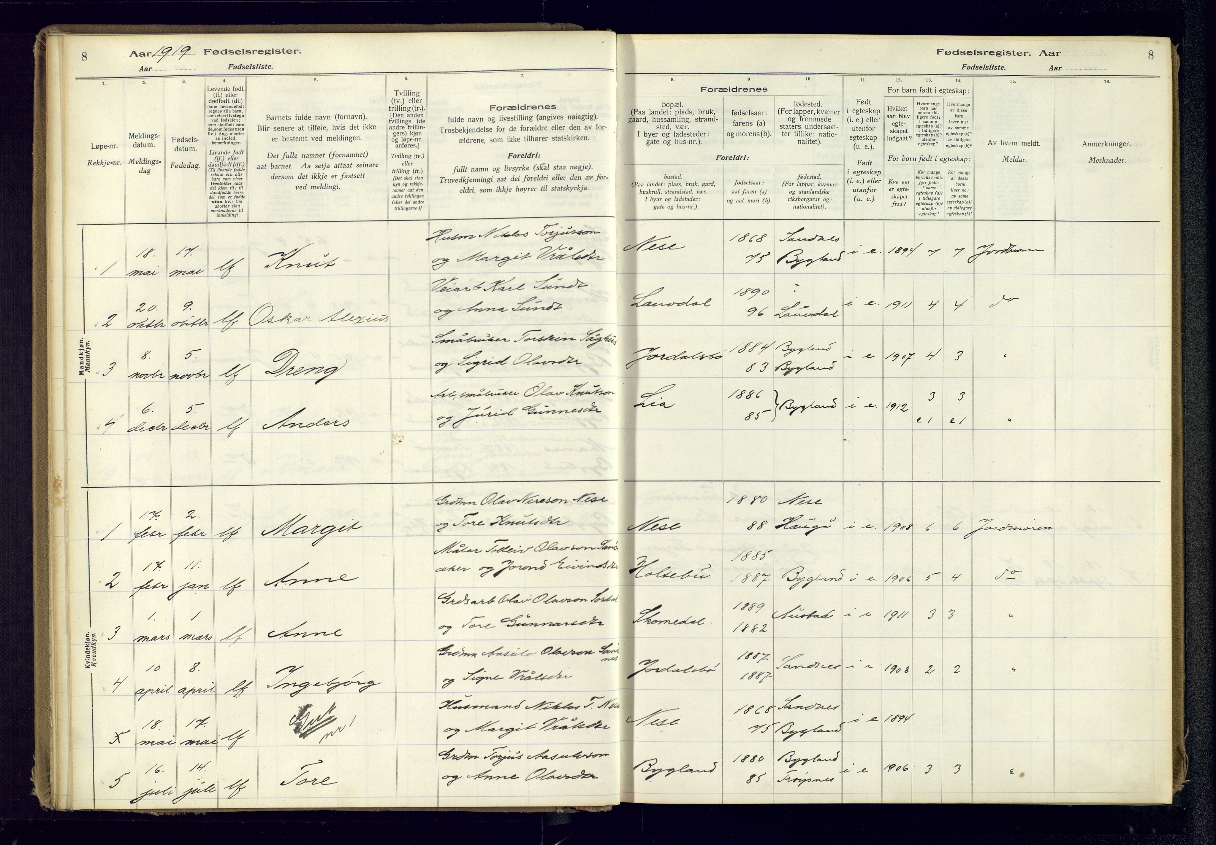 Bygland sokneprestkontor, SAK/1111-0006/J/Ja/L0001: Fødselsregister nr. II.4.2, 1916-1982, s. 8