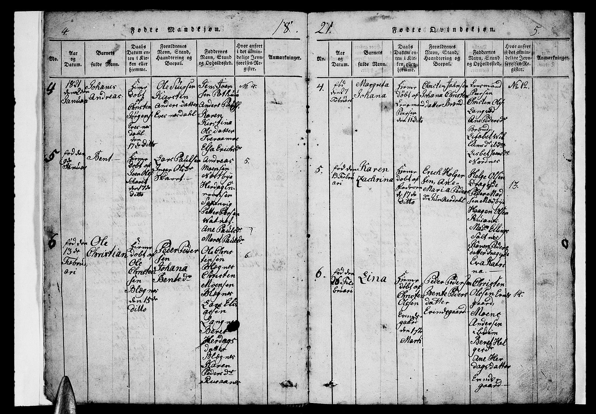 Ministerialprotokoller, klokkerbøker og fødselsregistre - Nordland, SAT/A-1459/847/L0676: Klokkerbok nr. 847C04, 1821-1853, s. 4-5