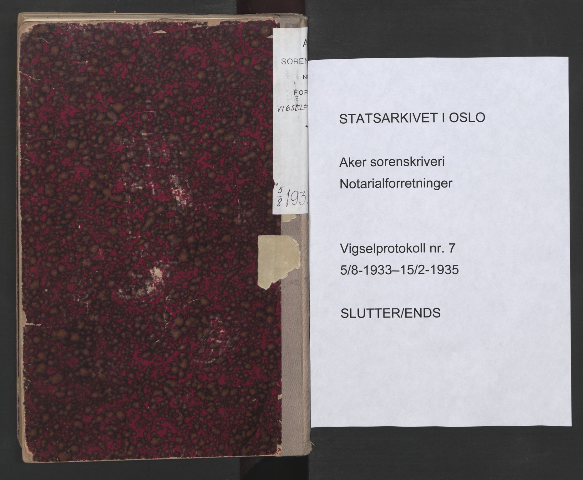 Aker sorenskriveri, SAO/A-10895/L/Lc/Lcb/L0007: Vigselprotokoll, 1933-1935