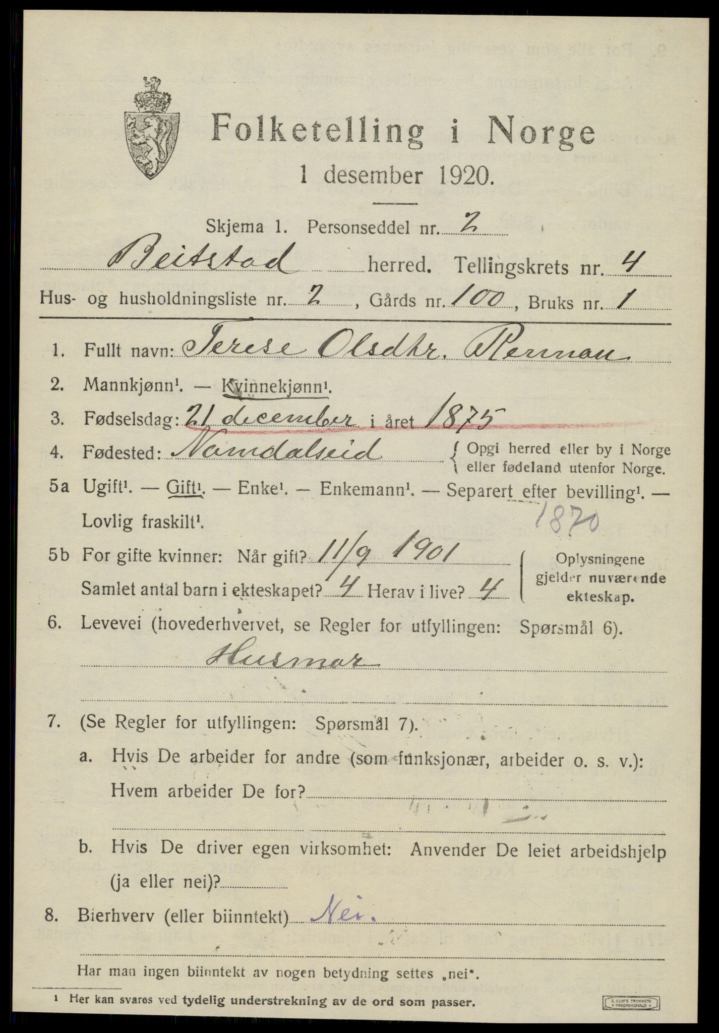 SAT, Folketelling 1920 for 1727 Beitstad herred, 1920, s. 2989