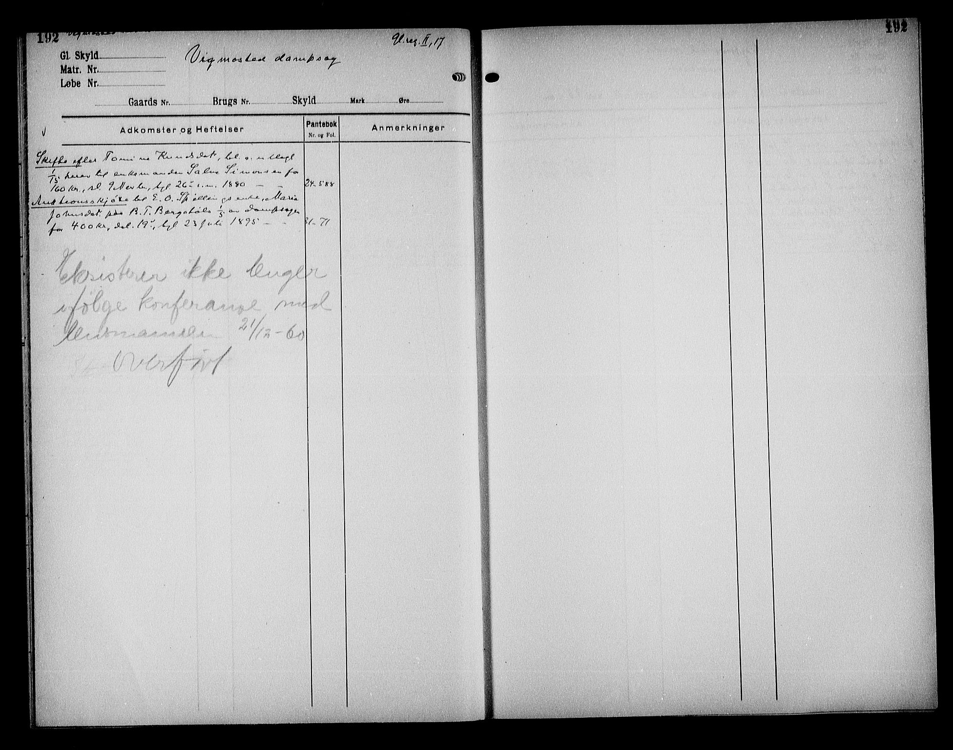 Mandal sorenskriveri, AV/SAK-1221-0005/001/G/Ga/L0067: Panteregister nr. 60, 1810-1952, s. 192