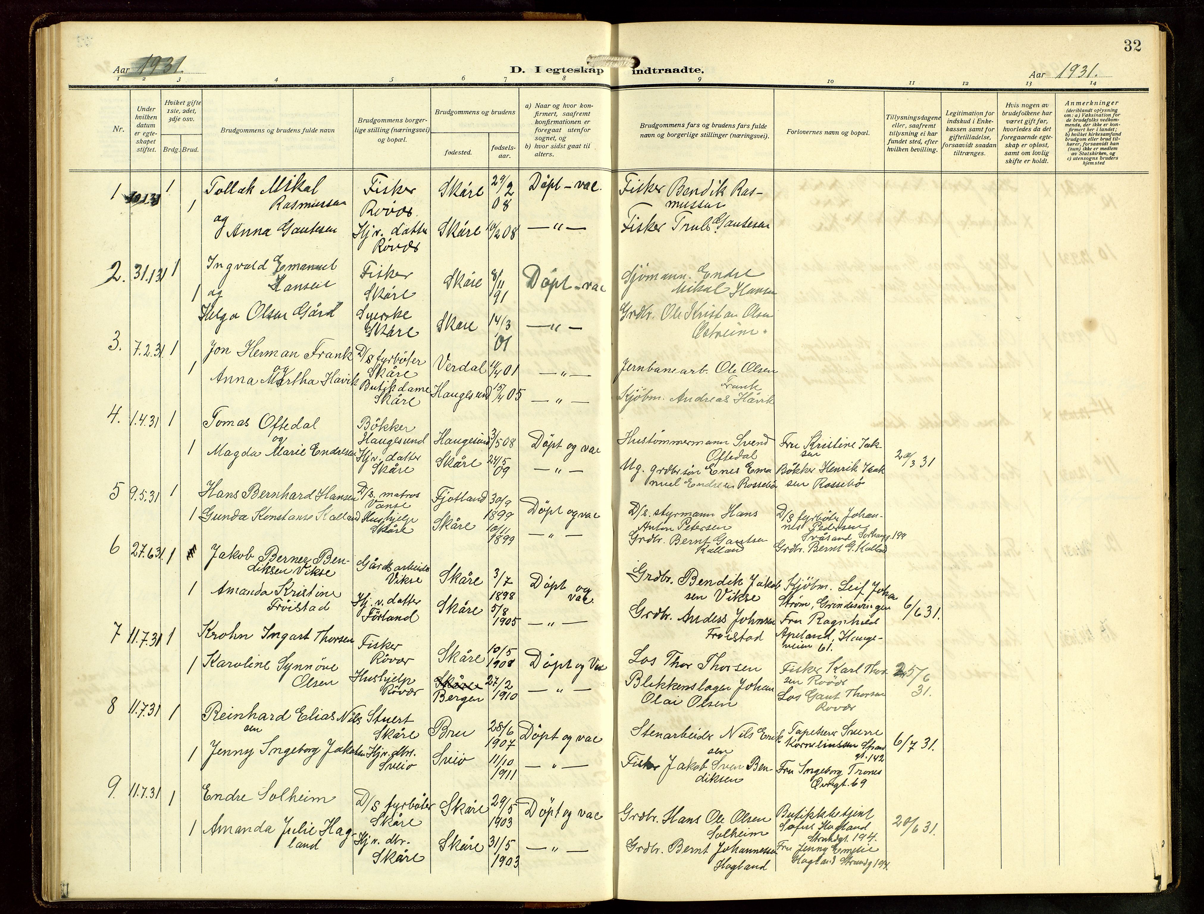 Haugesund sokneprestkontor, AV/SAST-A -101863/H/Ha/Hab/L0006: Klokkerbok nr. B 9, 1909-1951, s. 32