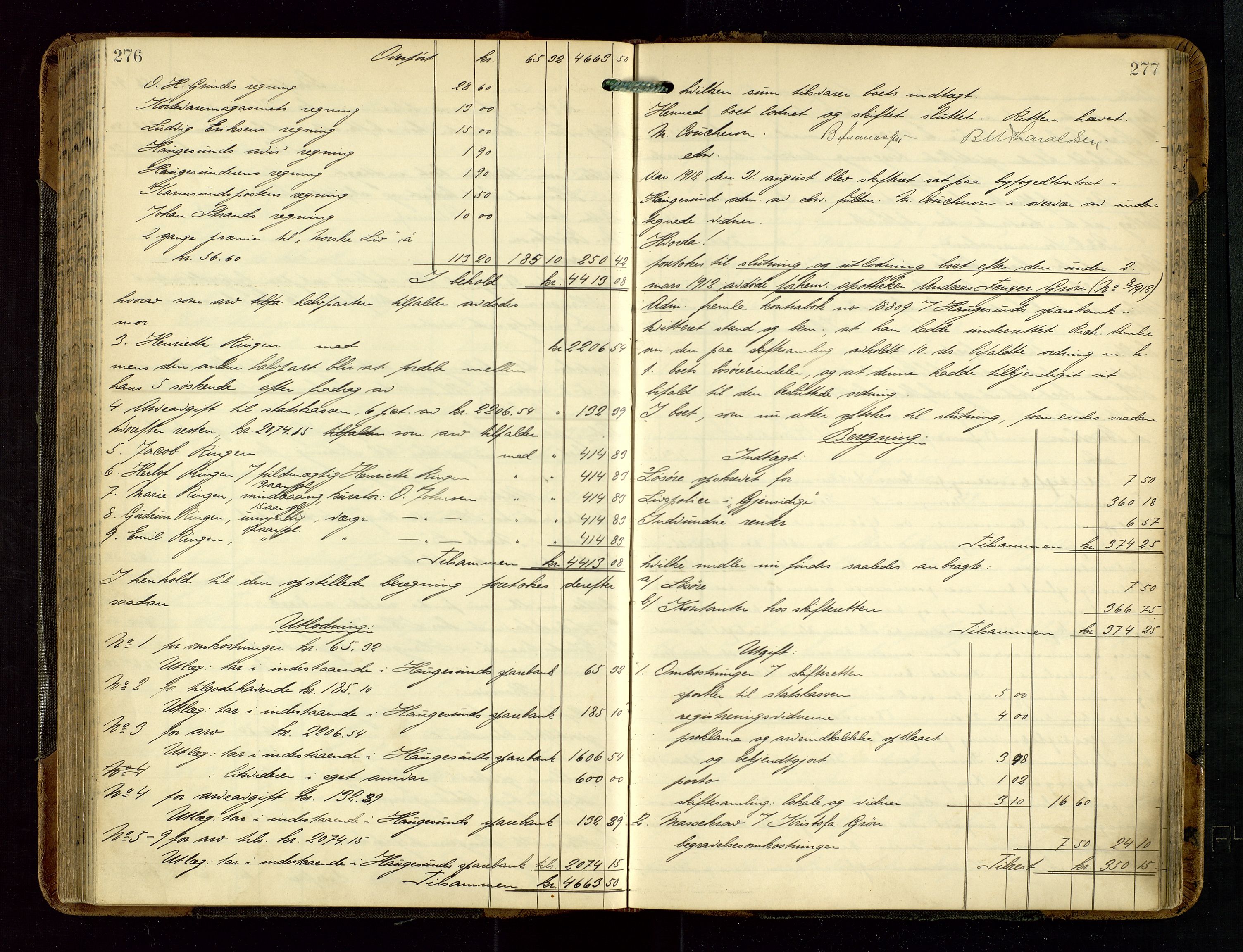 Haugesund tingrett, SAST/A-101415/01/IV/IVD/L0002: Skifteutlodningsprotokoll, med register, 1904-1915, s. 276-277