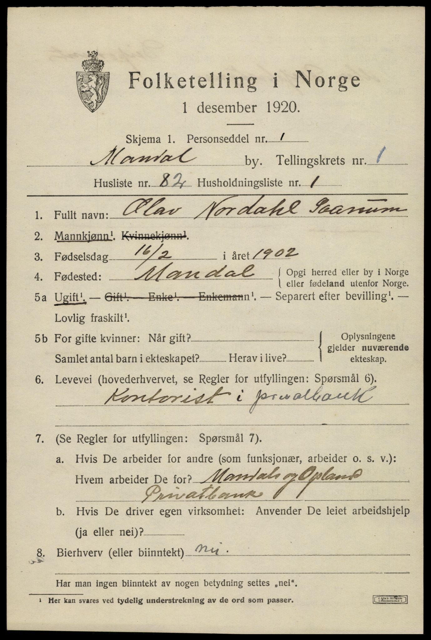 SAK, Folketelling 1920 for 1002 Mandal ladested, 1920, s. 4091