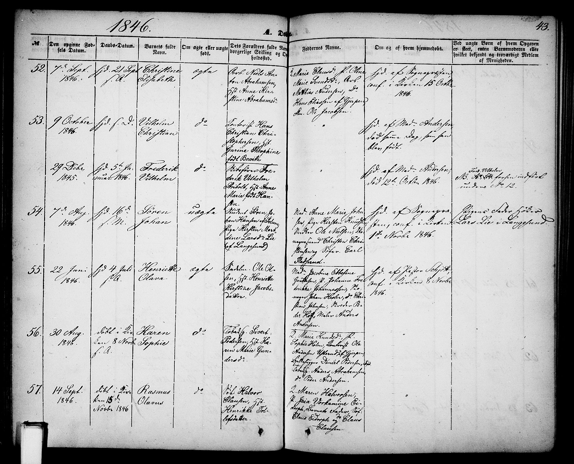 Skien kirkebøker, AV/SAKO-A-302/G/Ga/L0004: Klokkerbok nr. 4, 1843-1867, s. 43