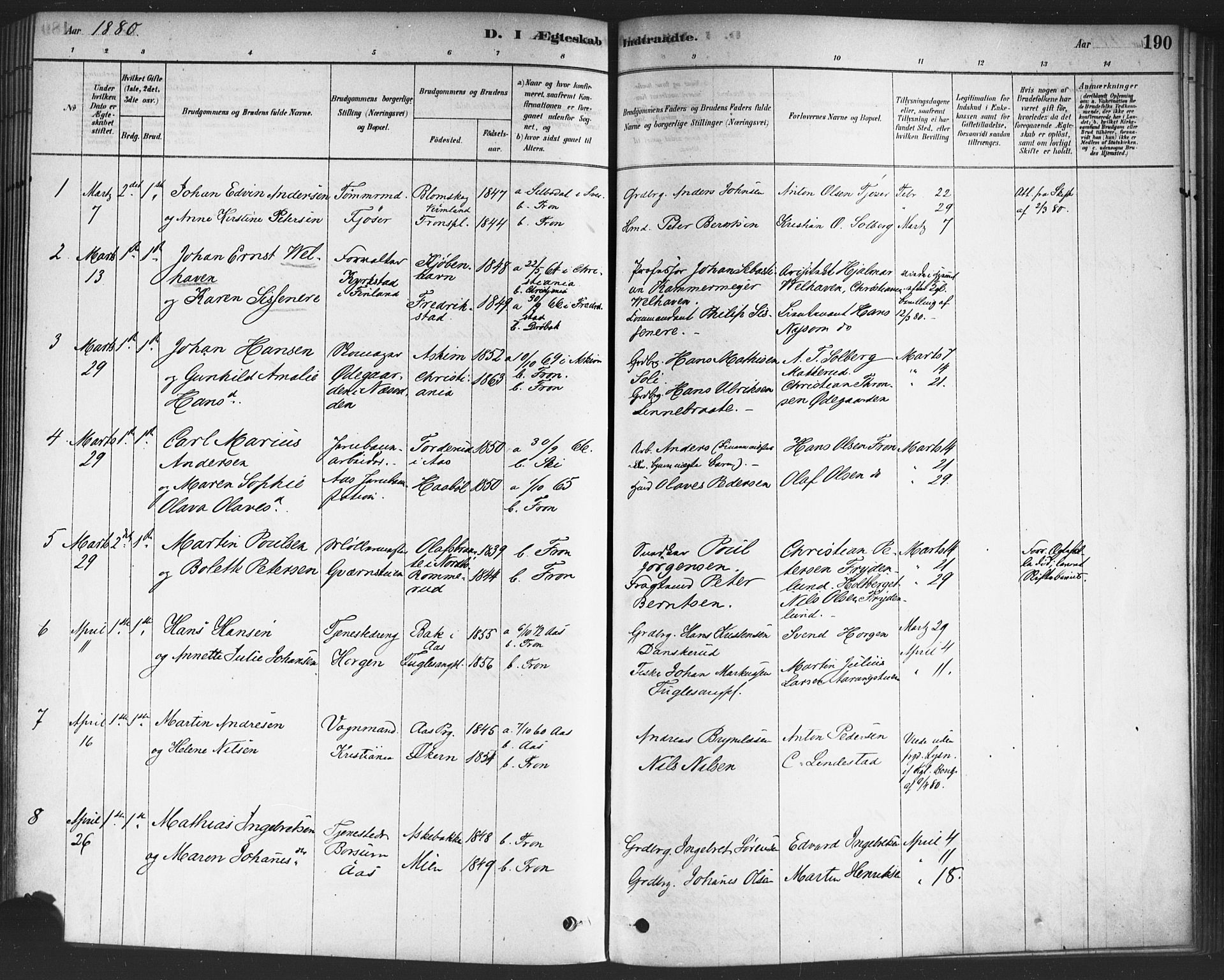 Drøbak prestekontor Kirkebøker, AV/SAO-A-10142a/F/Fc/L0002: Ministerialbok nr. III 2, 1878-1891, s. 190