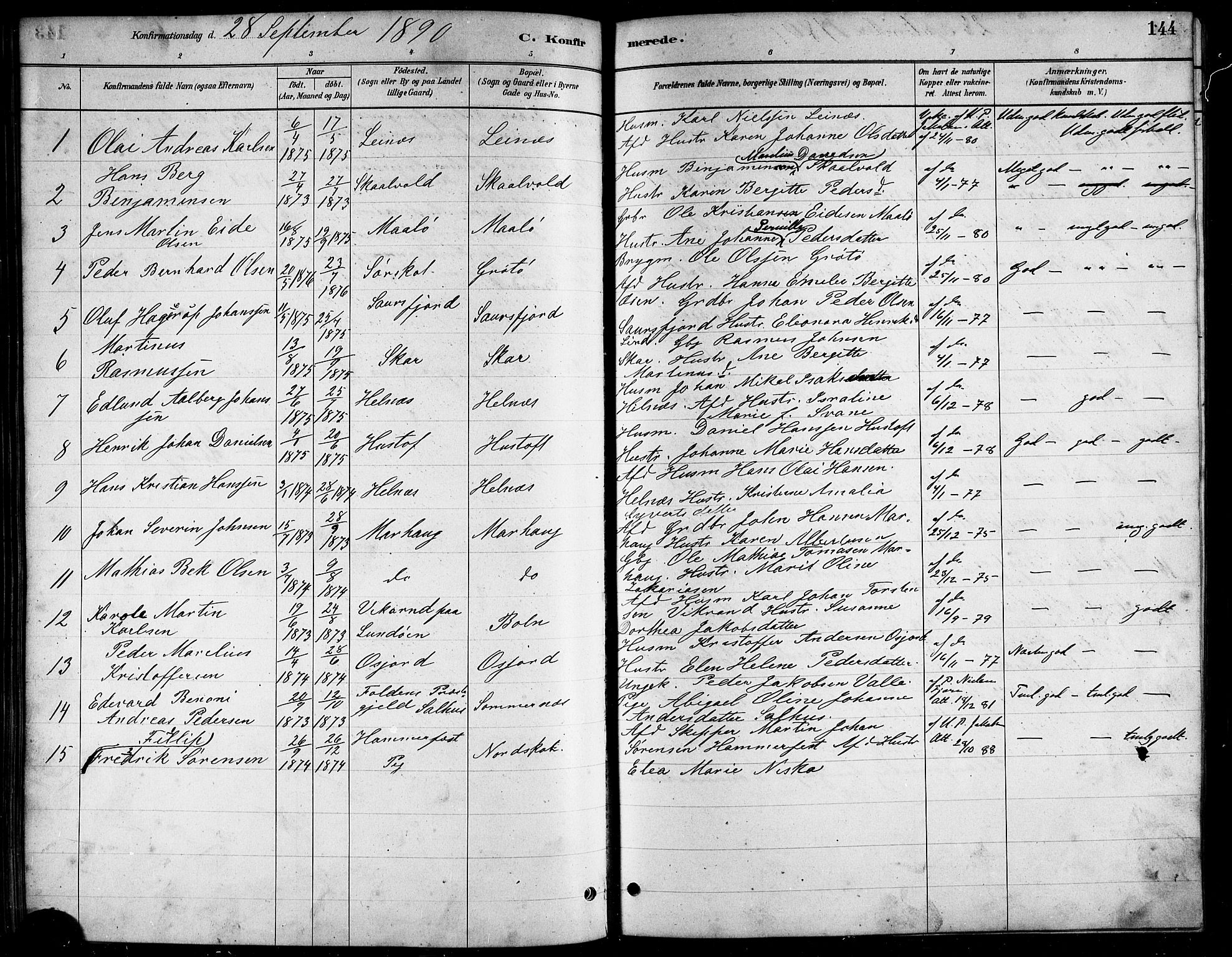Ministerialprotokoller, klokkerbøker og fødselsregistre - Nordland, AV/SAT-A-1459/857/L0828: Klokkerbok nr. 857C03, 1879-1908, s. 144