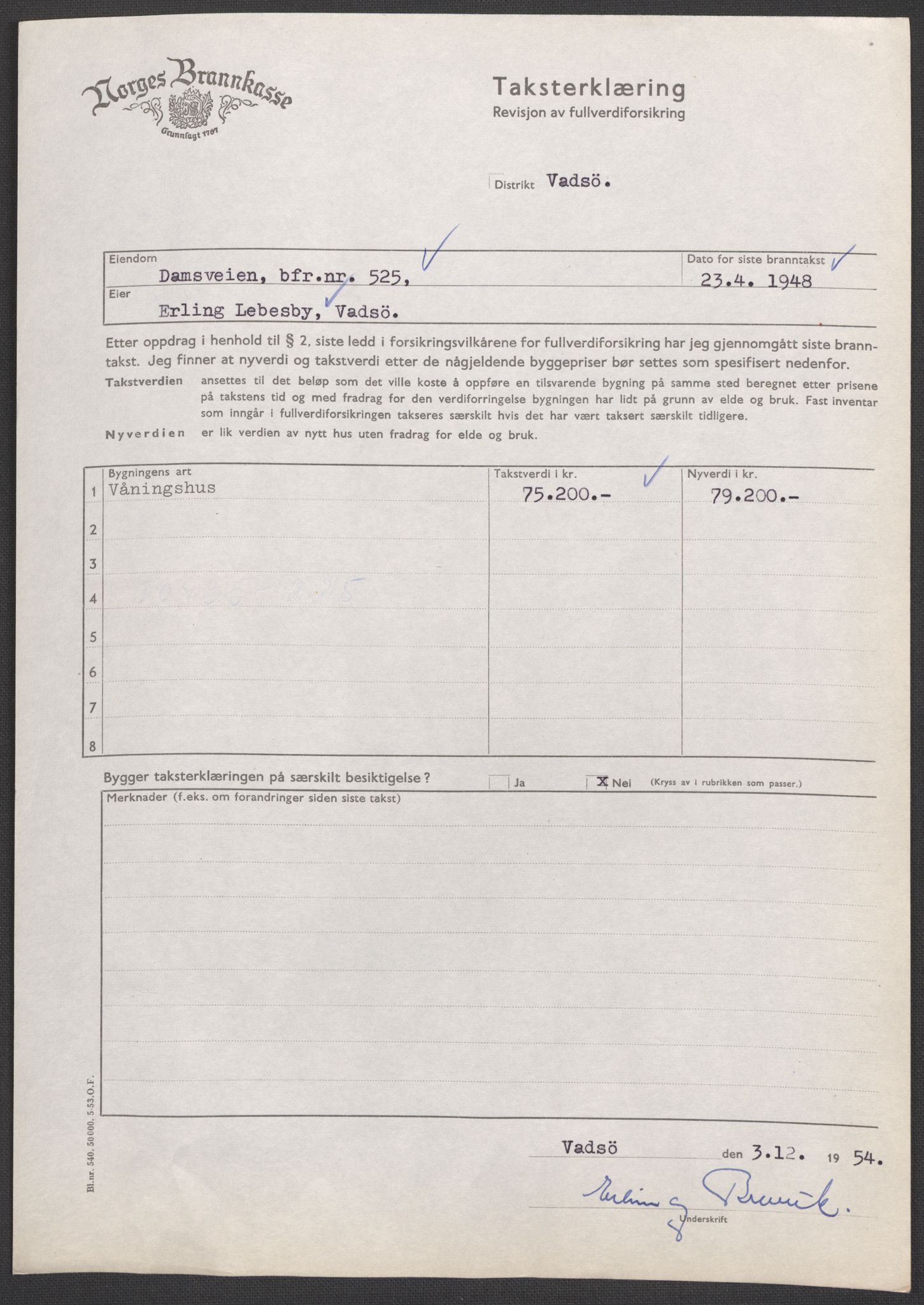 Norges Brannkasse, AV/RA-S-1549/E/Eu/L0008: Branntakster for Vadsø, 1893-1957, s. 458