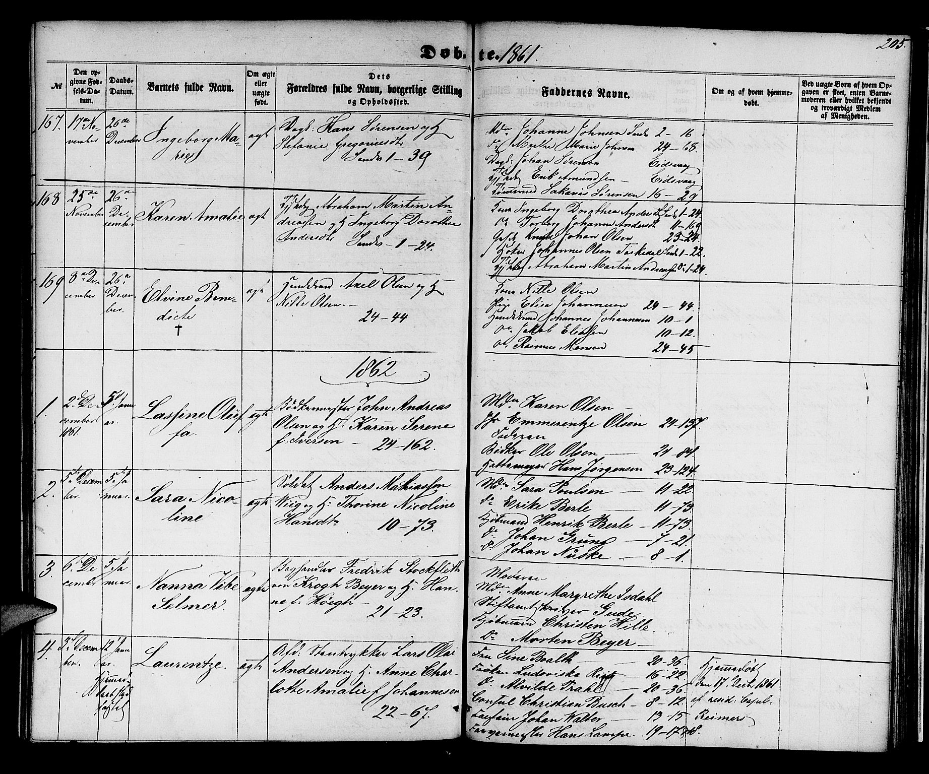 Korskirken sokneprestembete, AV/SAB-A-76101/H/Hab: Klokkerbok nr. B 4, 1858-1863, s. 205