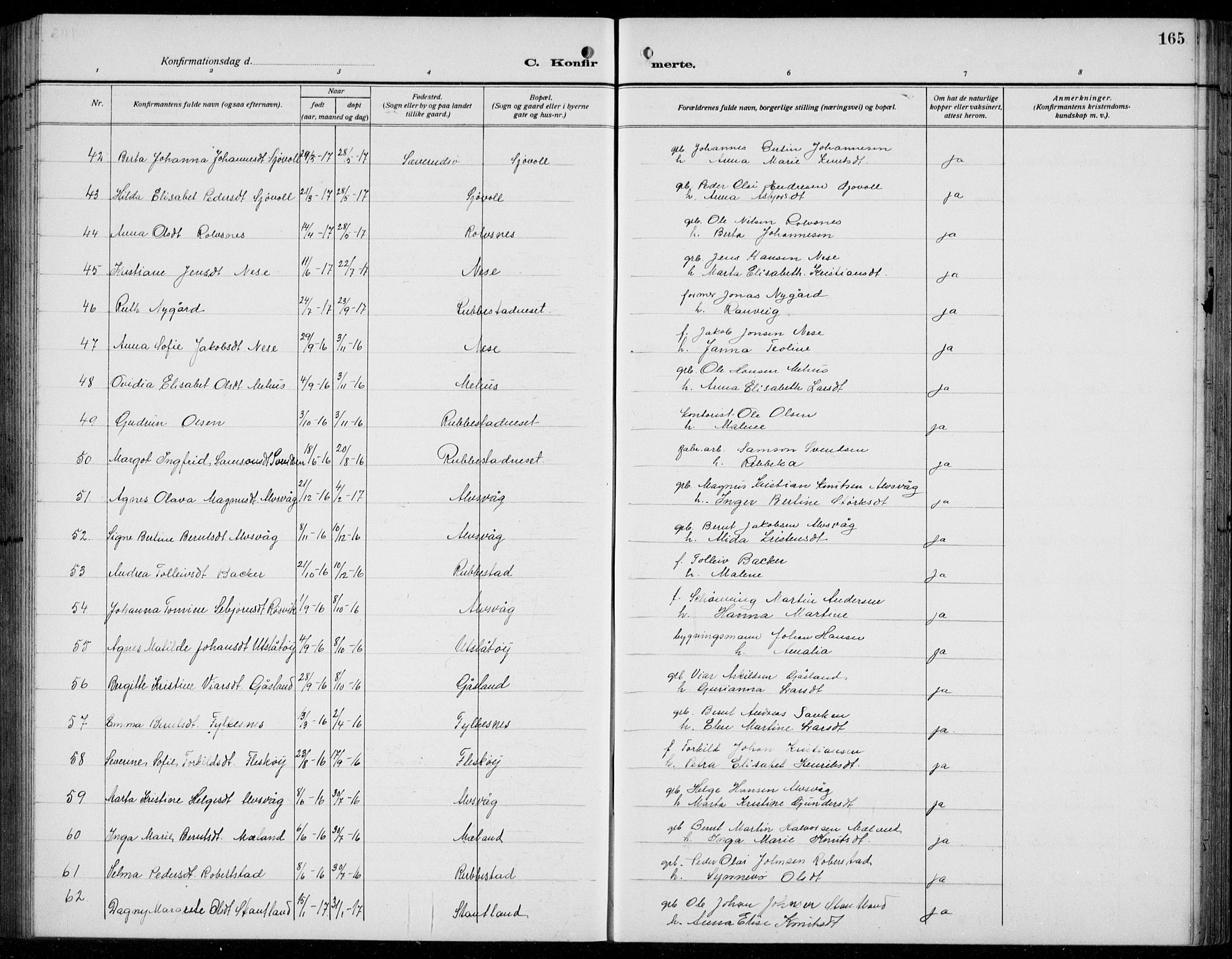 Finnås sokneprestembete, AV/SAB-A-99925/H/Ha/Hab/Habb/L0006: Klokkerbok nr. B 6, 1920-1936, s. 165