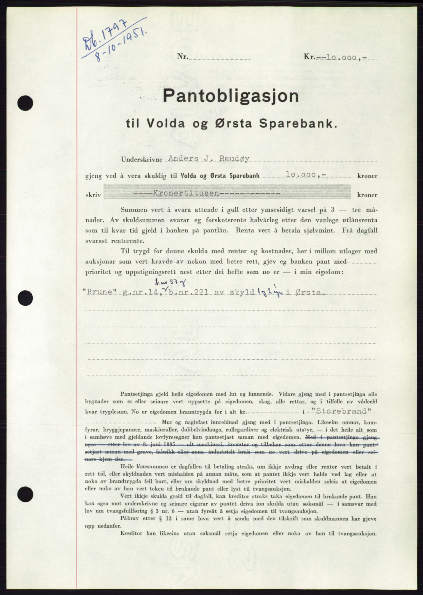 Søre Sunnmøre sorenskriveri, SAT/A-4122/1/2/2C/L0120: Pantebok nr. 8B, 1951-1951, Dagboknr: 1797/1951