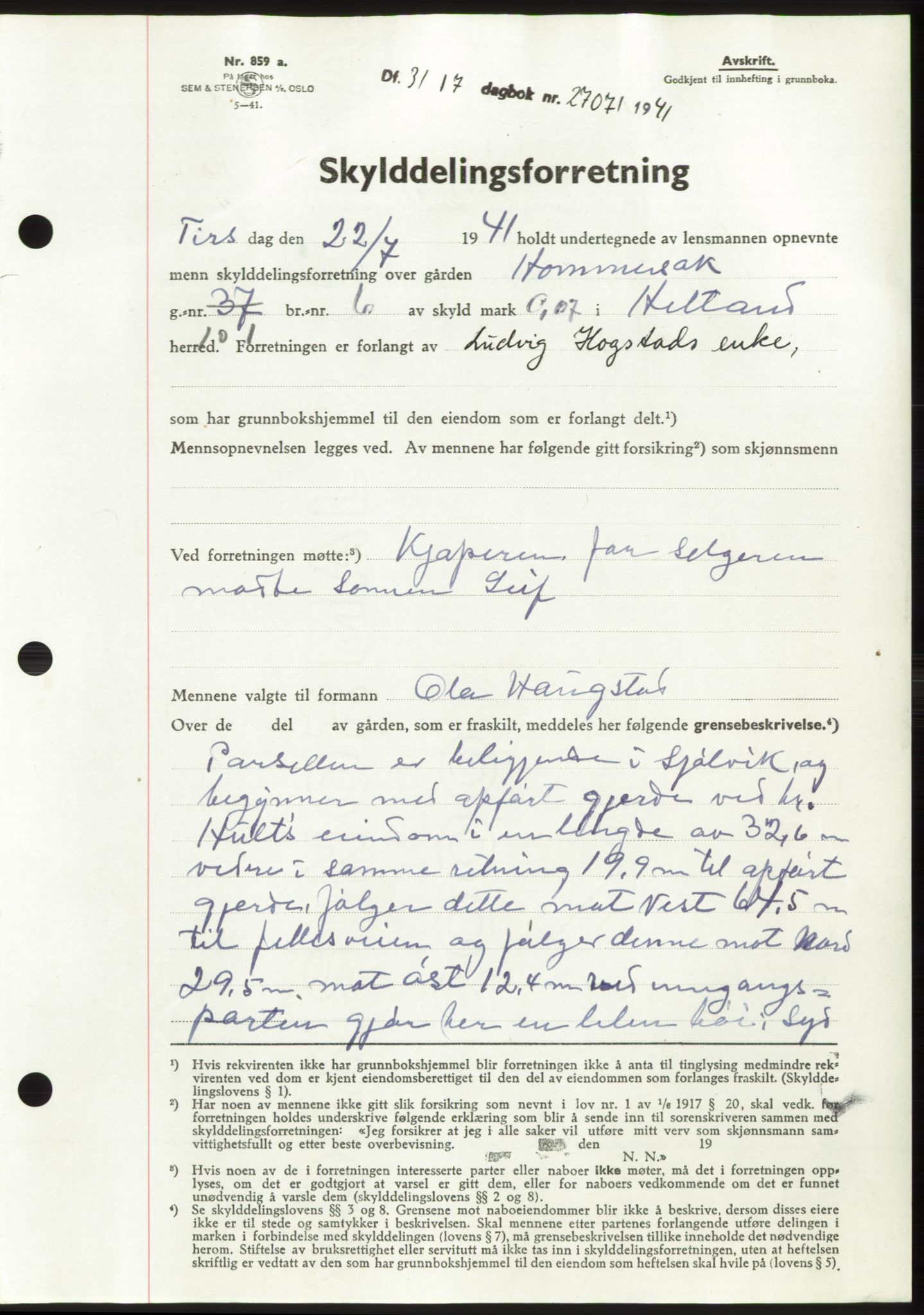 Jæren sorenskriveri, SAST/A-100310/03/G/Gba/L0080: Pantebok, 1941-1941, Dagboknr: 2707/1941