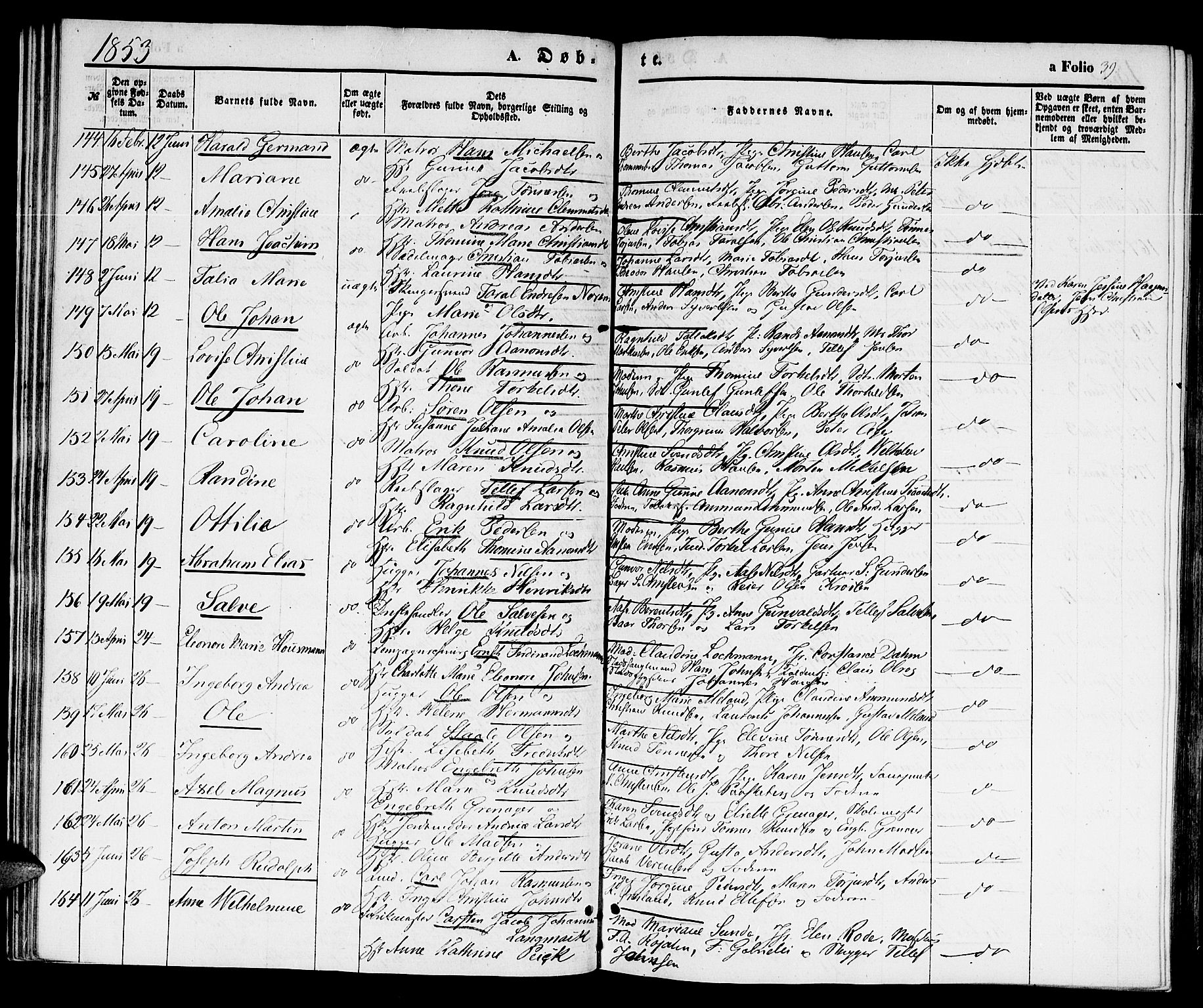 Kristiansand domprosti, AV/SAK-1112-0006/F/Fb/L0011: Klokkerbok nr. B 11, 1851-1861, s. 39