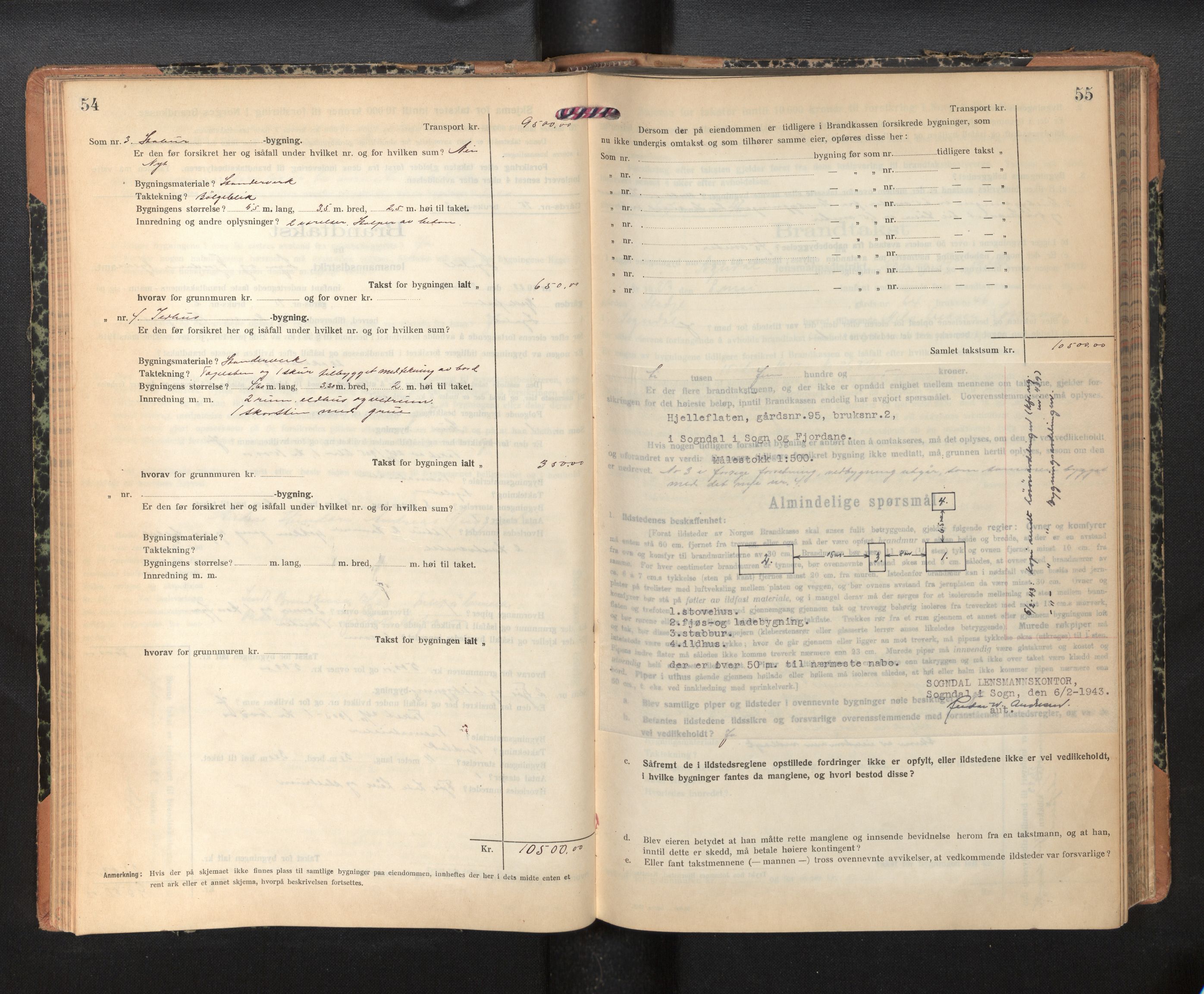 Lensmannen i Sogndal, AV/SAB-A-29901/0012/L0012: Branntakstprotokoll, skjematakst, 1922-1931, s. 54-55