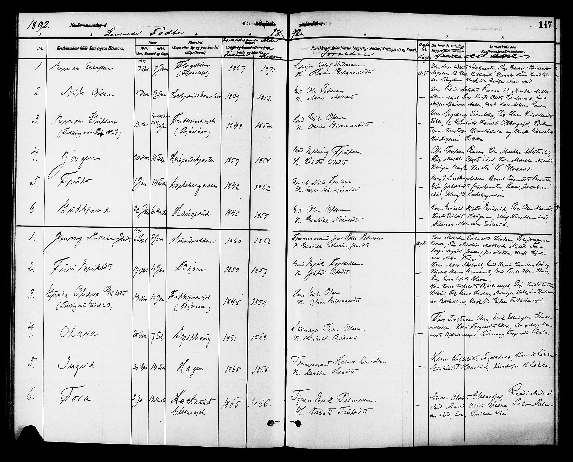 Krødsherad kirkebøker, AV/SAKO-A-19/G/Ga/L0001: Klokkerbok nr. 1, 1879-1893, s. 147