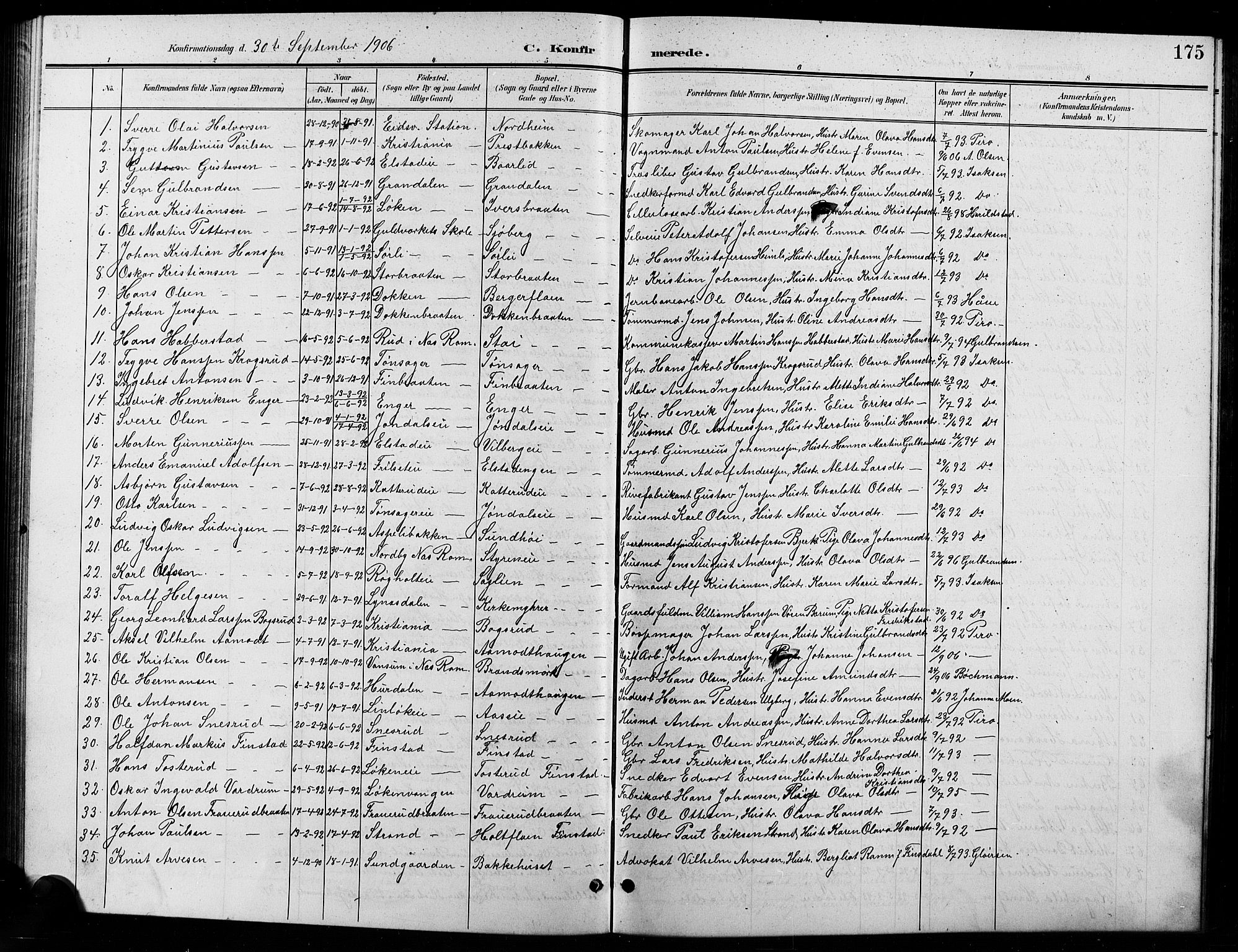 Eidsvoll prestekontor Kirkebøker, AV/SAO-A-10888/G/Ga/L0007: Klokkerbok nr. I 7, 1901-1909, s. 175