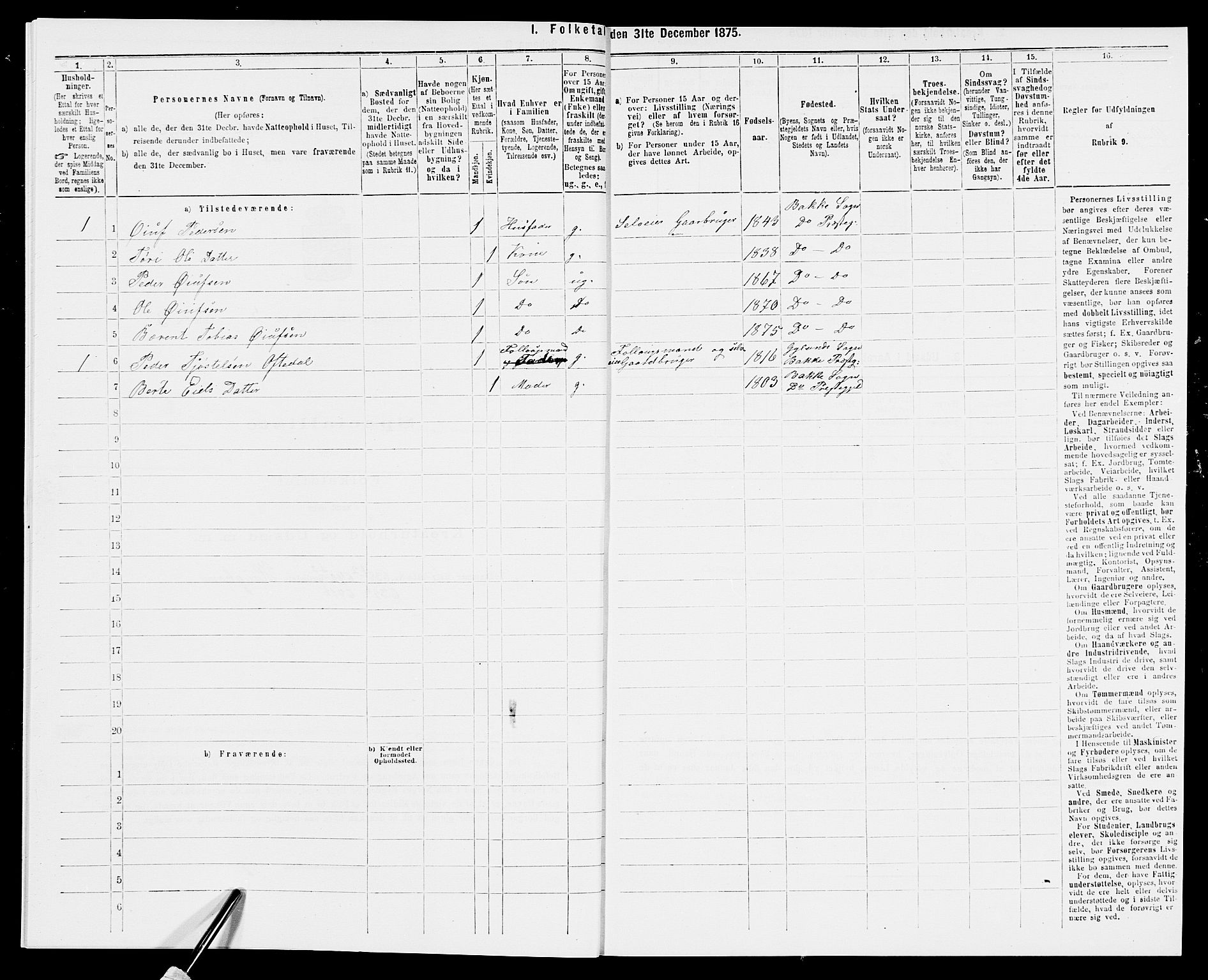 SAK, Folketelling 1875 for 1045P Bakke prestegjeld, 1875, s. 490