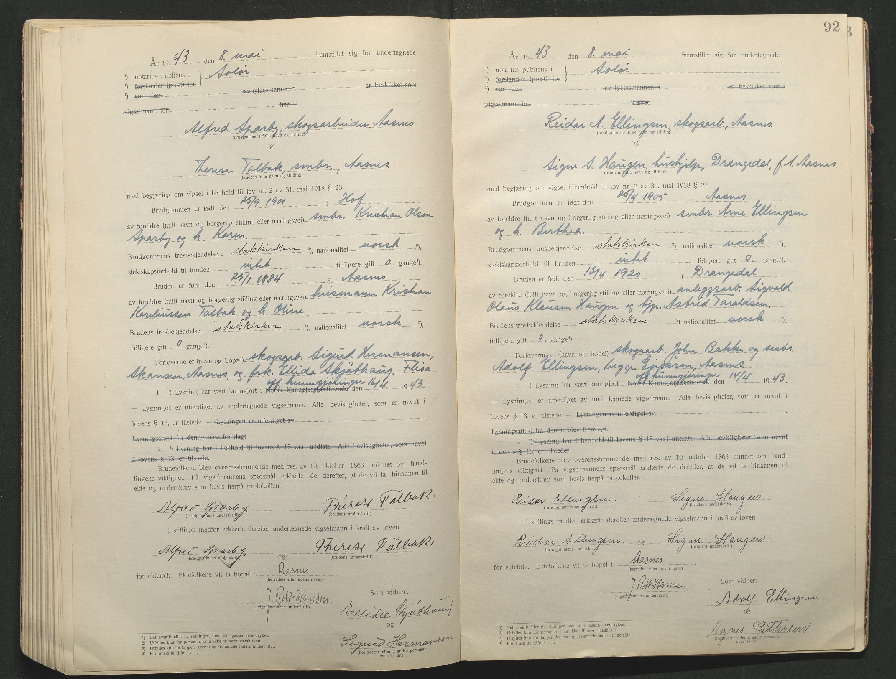 Solør tingrett, AV/SAH-TING-008/L/Lb/L0001: Vigselprotokoll, 1920-1943, s. 92