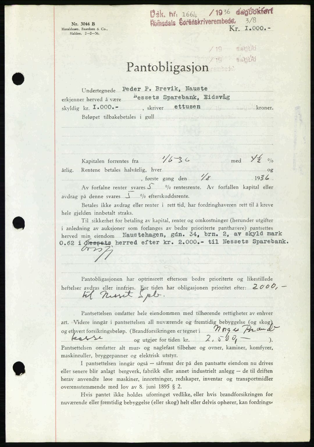 Romsdal sorenskriveri, SAT/A-4149/1/2/2C: Pantebok nr. B1, 1936-1939, Dagboknr: 1664/1936