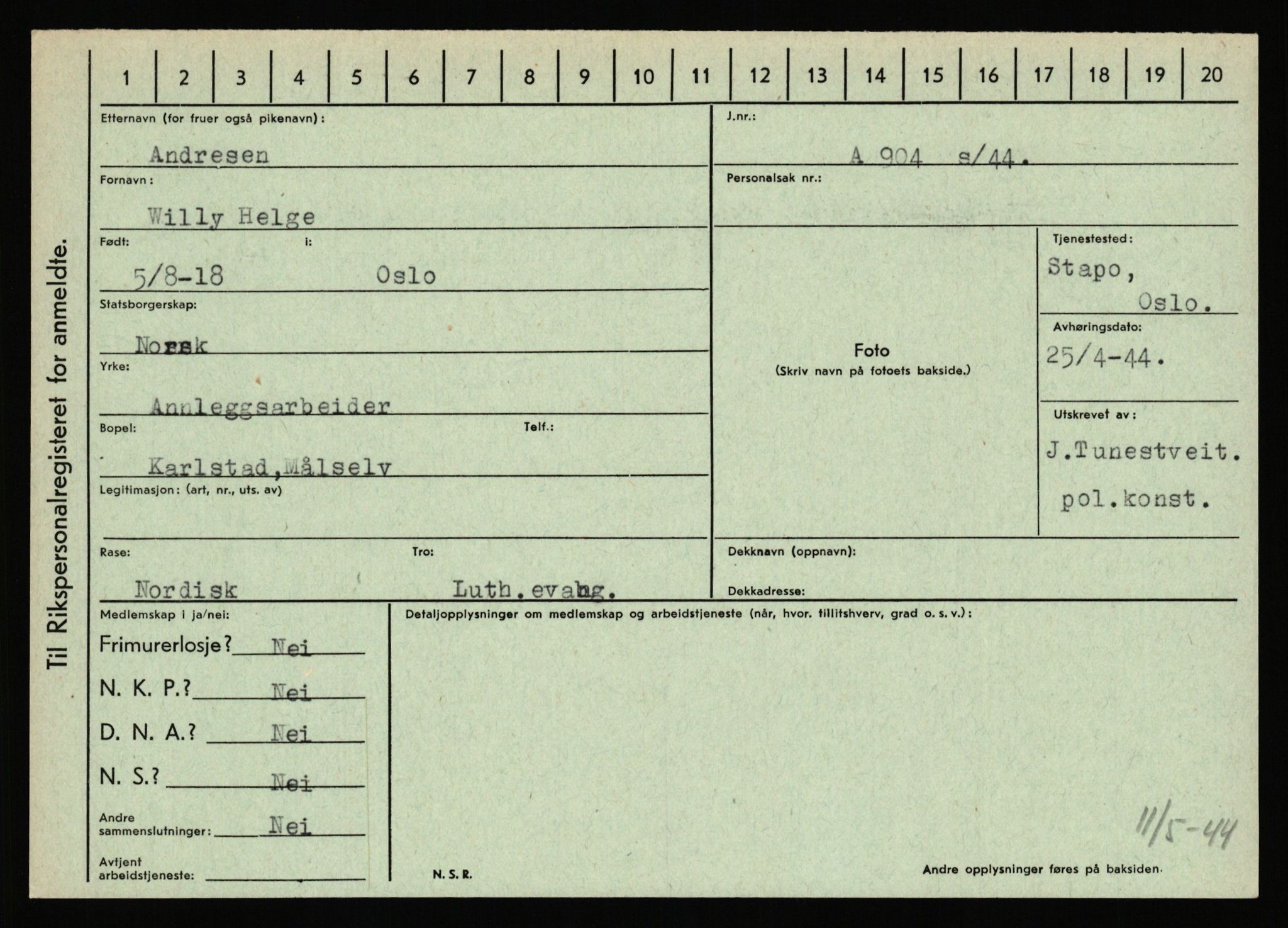 Statspolitiet - Hovedkontoret / Osloavdelingen, AV/RA-S-1329/C/Ca/L0001: Aabakken - Armann, 1943-1945, s. 4303