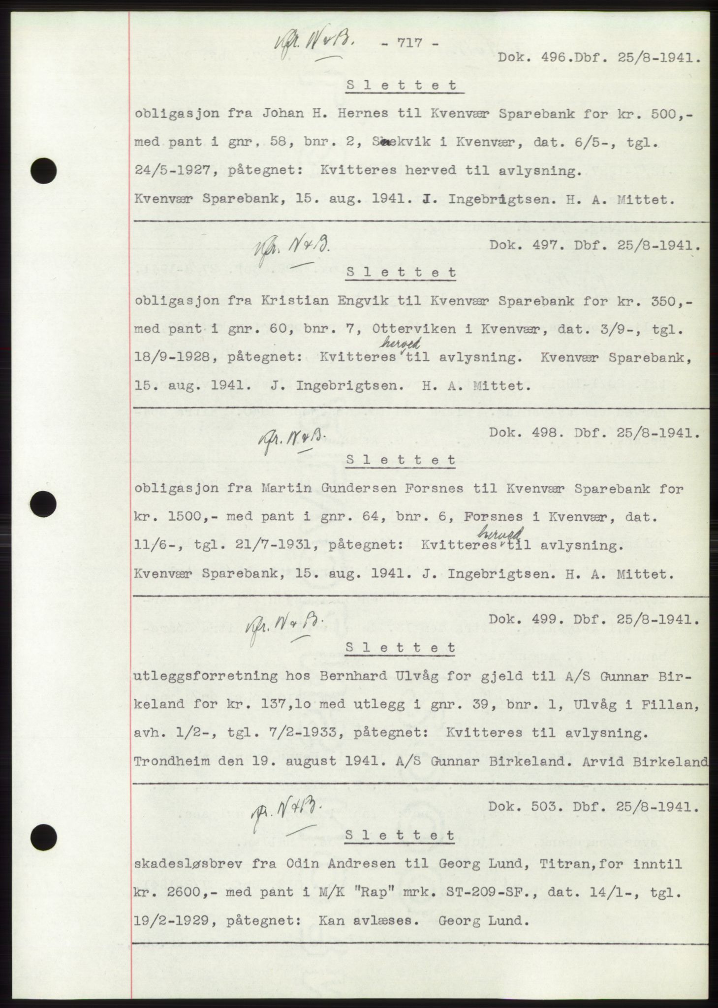 Hitra sorenskriveri, AV/SAT-A-0018/2/2C/2Ca: Pantebok nr. C1, 1936-1945, Dagboknr: 496/1941