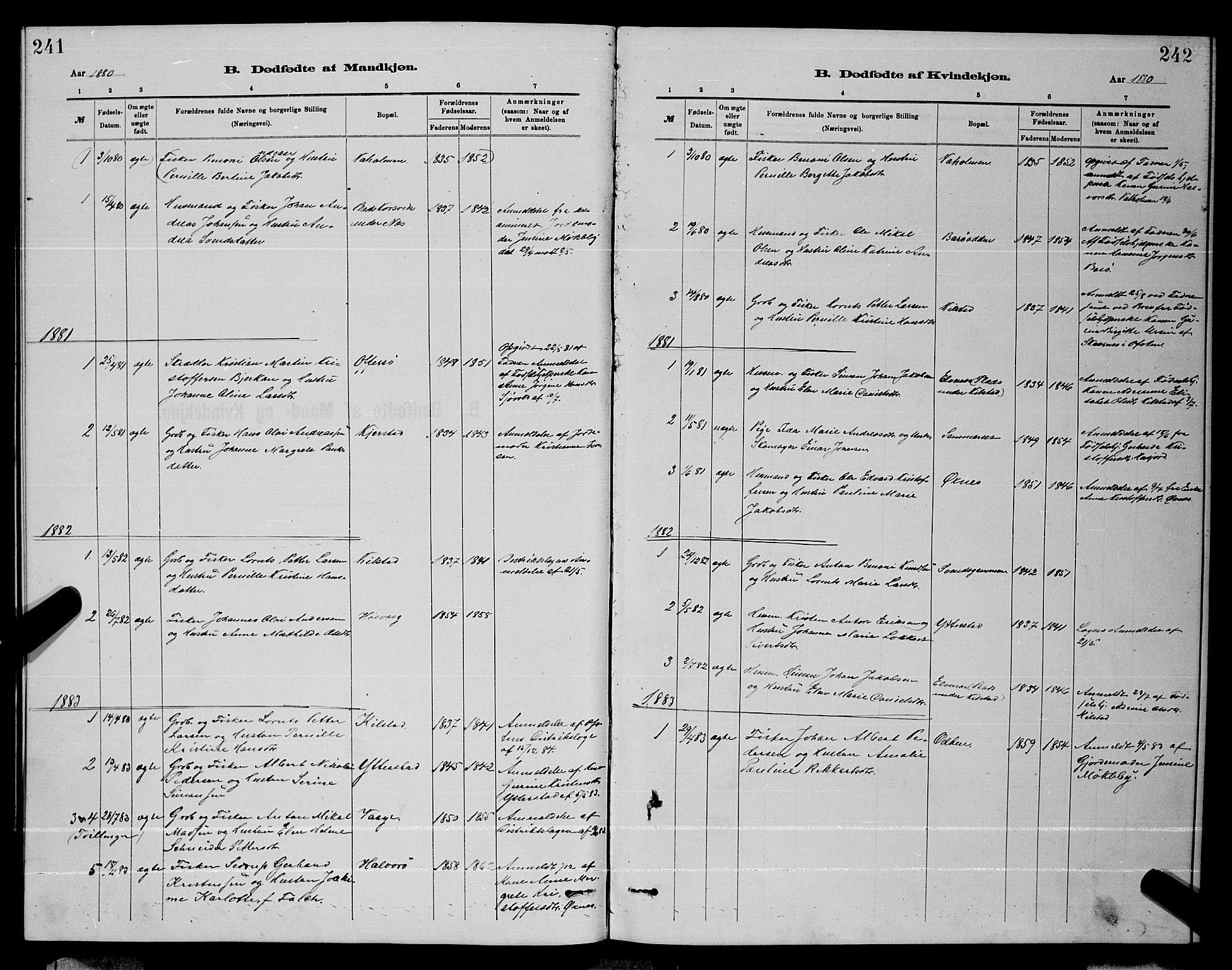 Ministerialprotokoller, klokkerbøker og fødselsregistre - Nordland, AV/SAT-A-1459/872/L1047: Klokkerbok nr. 872C03, 1880-1897, s. 241-242